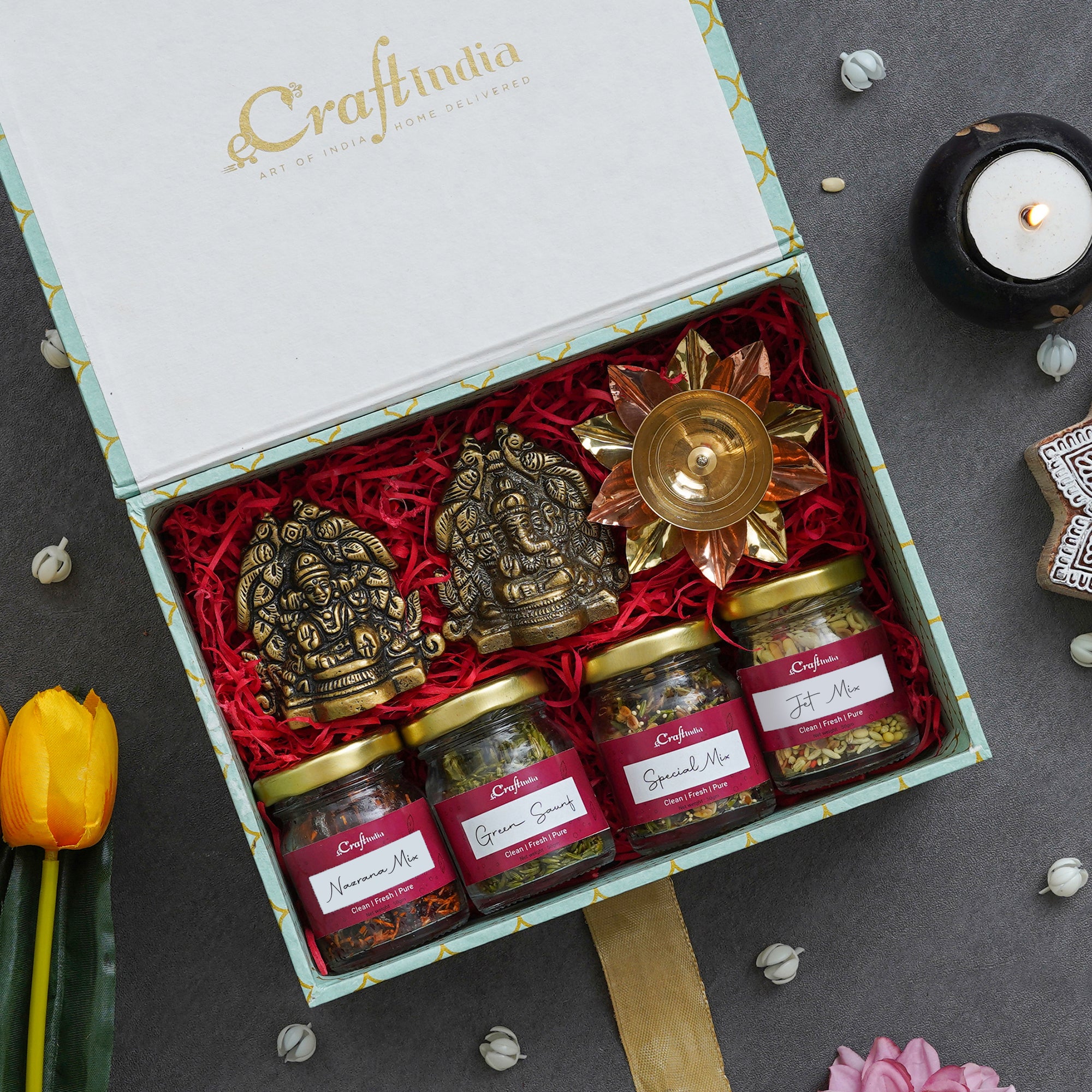 eCraftIndia The Harmony Gift Hamper - Goddess Lakshmi and Lord Ganesha Idols, Golden Lotus Shape Decorative Diya, 4 Jars of Nazarana Mix, Green Saunf, Special Mix, Jet Mix Mukhwas