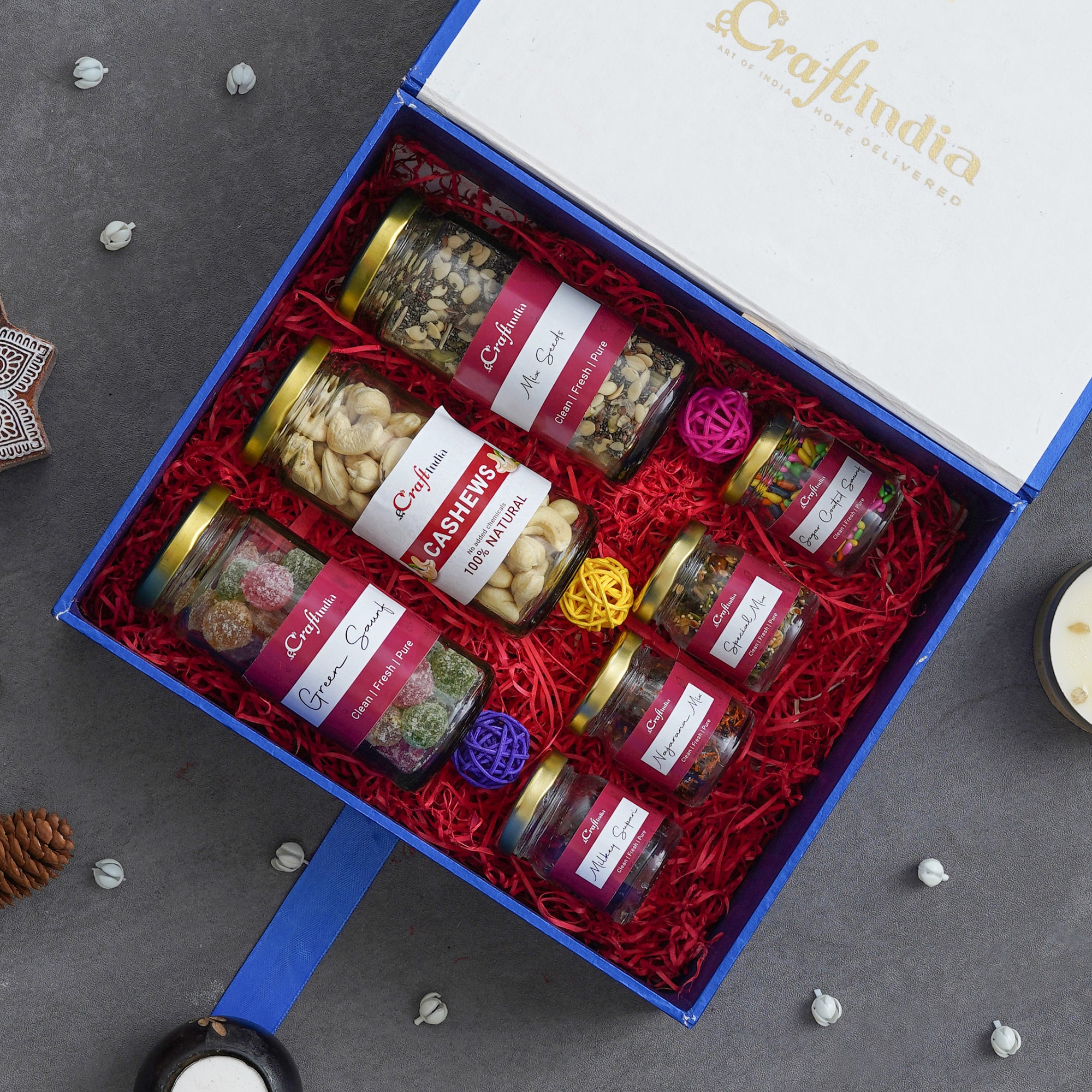 eCraftIndia Exotic Gourmet Gift Box - Set of 3 Jars of fruits balls, Cashews, Mix Seeds , 4 Jars of Milkey Supari, Nazarana Mix, Special Mix, Sugar Coated Saunf Mukhwas