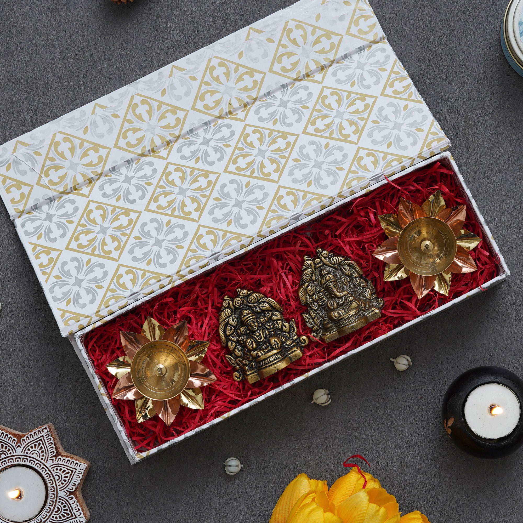 eCraftIndia The Godly Gift Box - Brass Handcrafted Goddess Lakshmi and Lord Ganesha Idols, Set of 2 Metal Handcrafted Golden Lotus Flower Shape Decorative Diyas