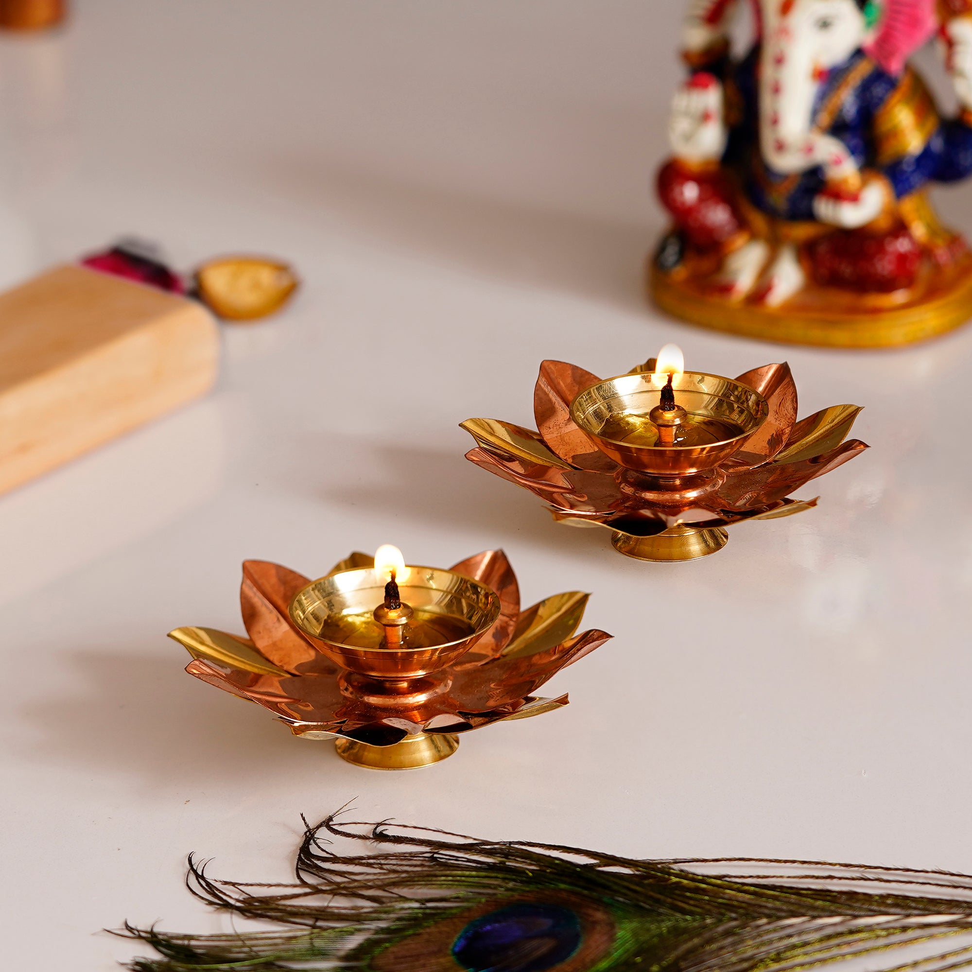 eCraftIndia The Godly Gift Box - Brass Handcrafted Goddess Lakshmi and Lord Ganesha Idols, Set of 2 Metal Handcrafted Golden Lotus Flower Shape Decorative Diyas 4