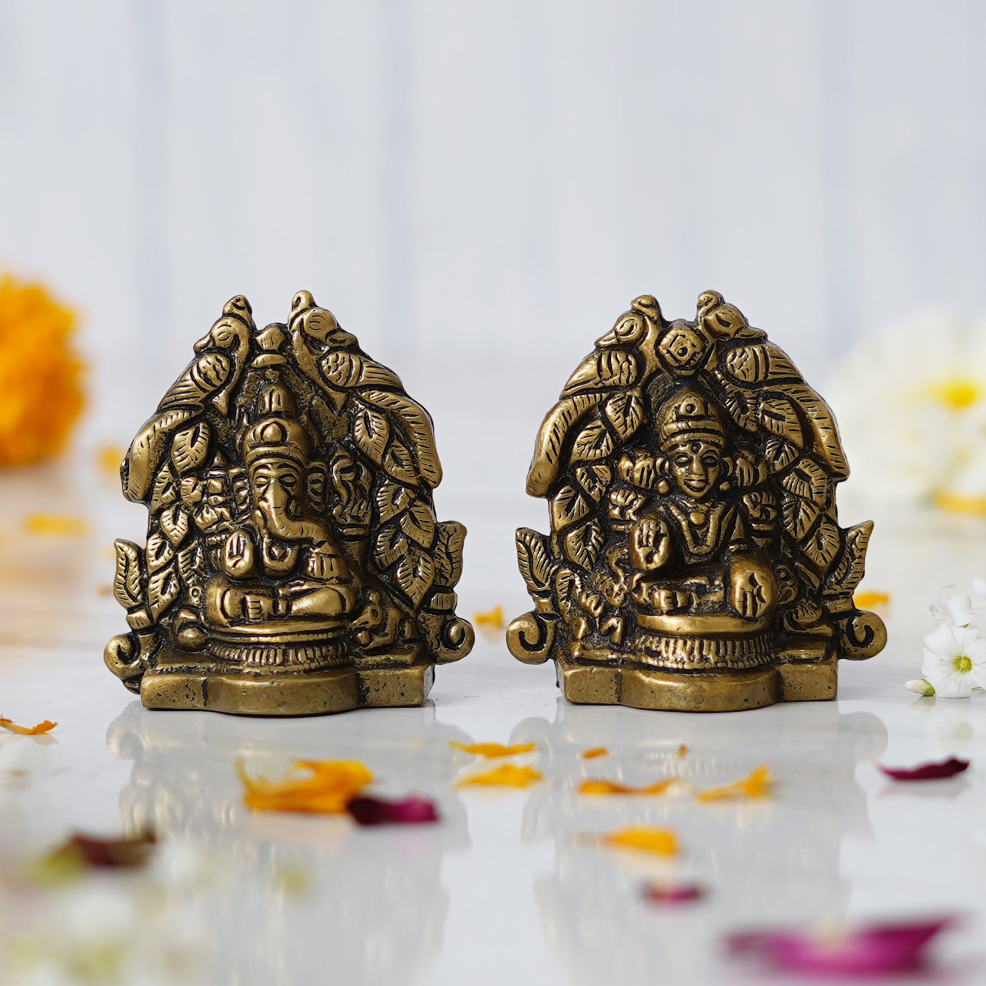 eCraftIndia The Godly Gift Box - Brass Handcrafted Goddess Lakshmi and Lord Ganesha Idols, Set of 2 Metal Handcrafted Golden Lotus Flower Shape Decorative Diyas 5