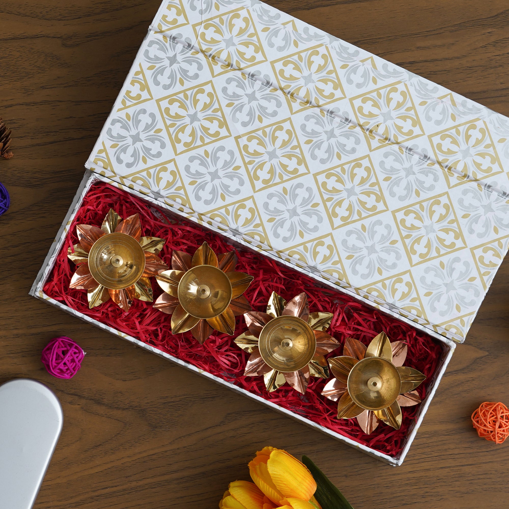 eCraftIndia Lotus Deepam Gift Box - Set of 4 Metal Handcrafted Golden Lotus Flower Shape Decorative Diyas