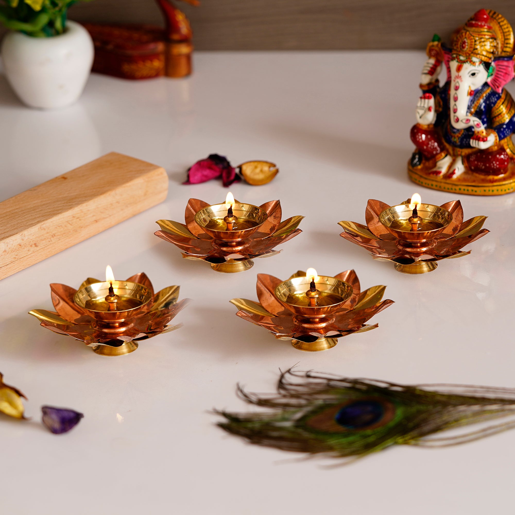 eCraftIndia Lotus Deepam Gift Box - Set of 4 Metal Handcrafted Golden Lotus Flower Shape Decorative Diyas 3