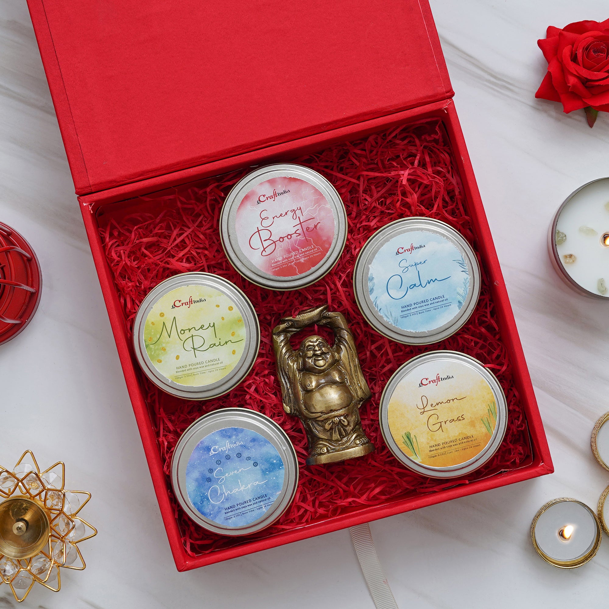 eCraftIndia Scented Candles Gift Box - Standing Laughing Buddha Statue holding a gold ingot with his hands upright, Set of 5 Seven Chakra, Money Rain, Energy Booster, Super Calm, Lemon Grass Hand Poured Soya Wax Candles