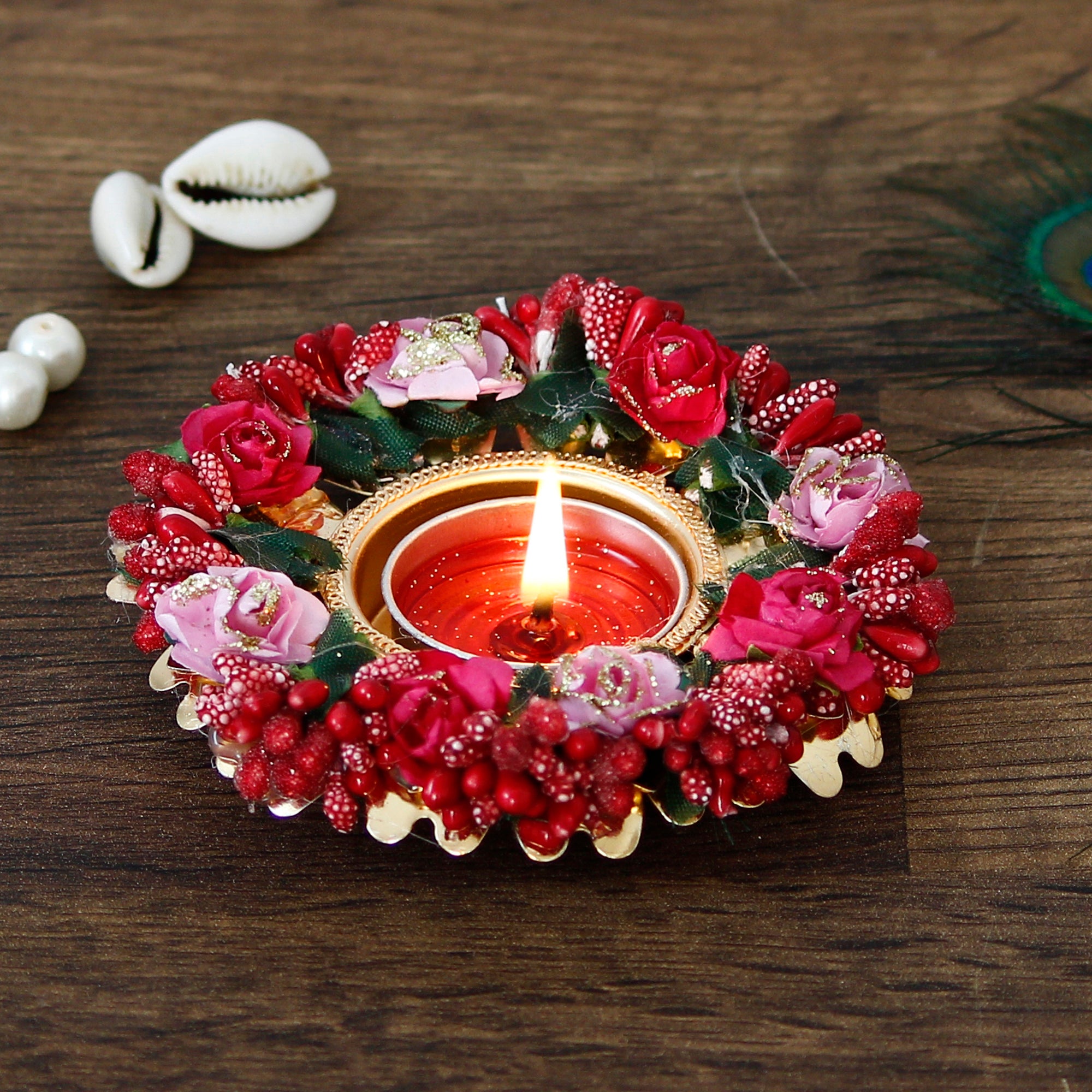 Decorative Handcrafted Red and Pink Floral Tea Light Holder 1