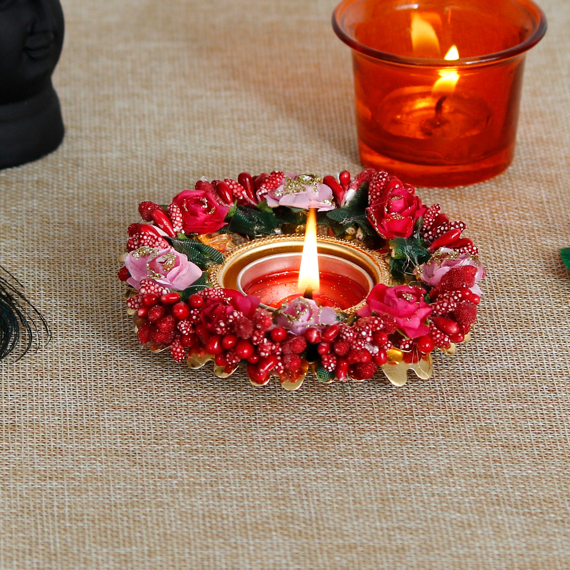 Decorative Handcrafted Red and Pink Floral Tea Light Holder