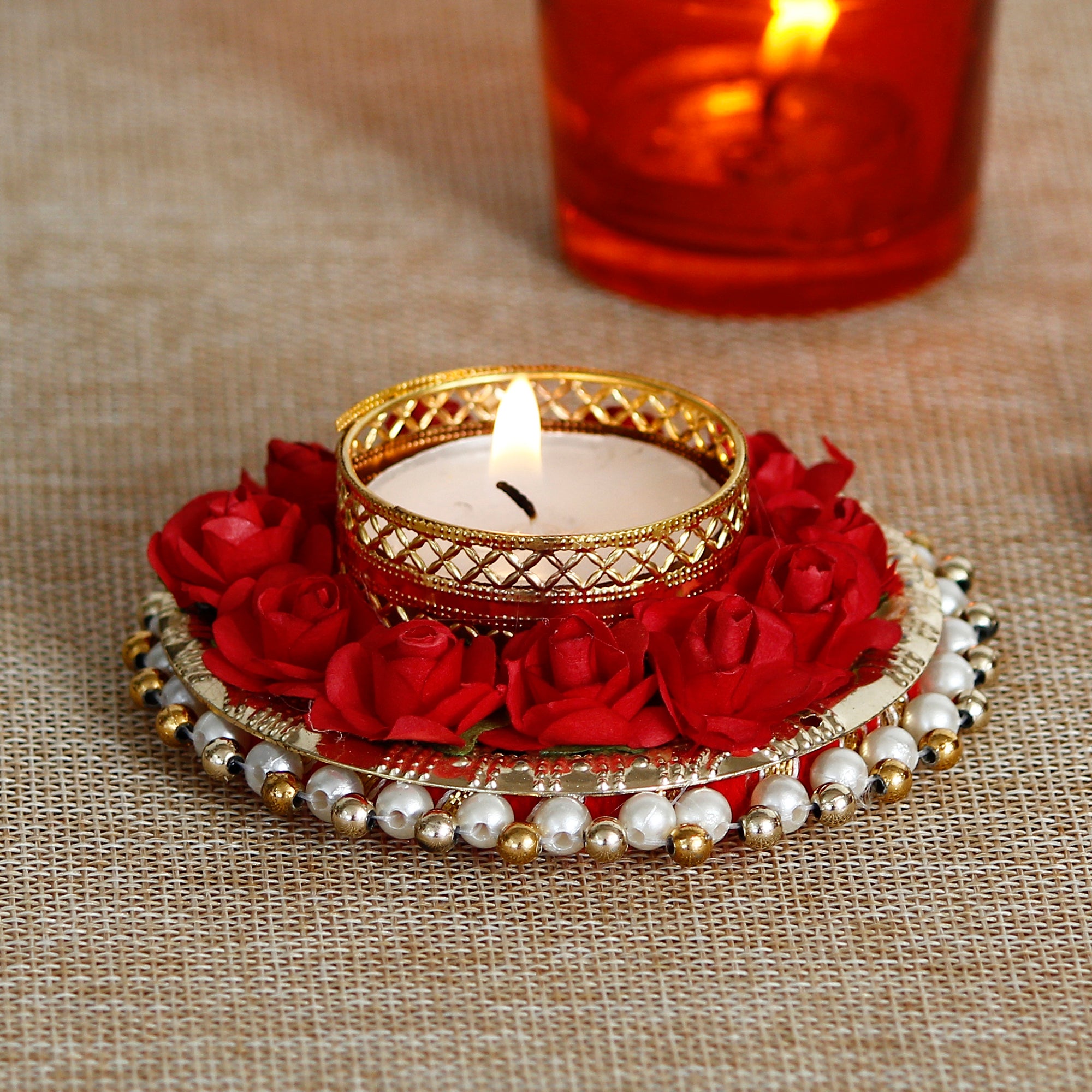 Decorative Handcrafted Red Floral Tea Light Holder