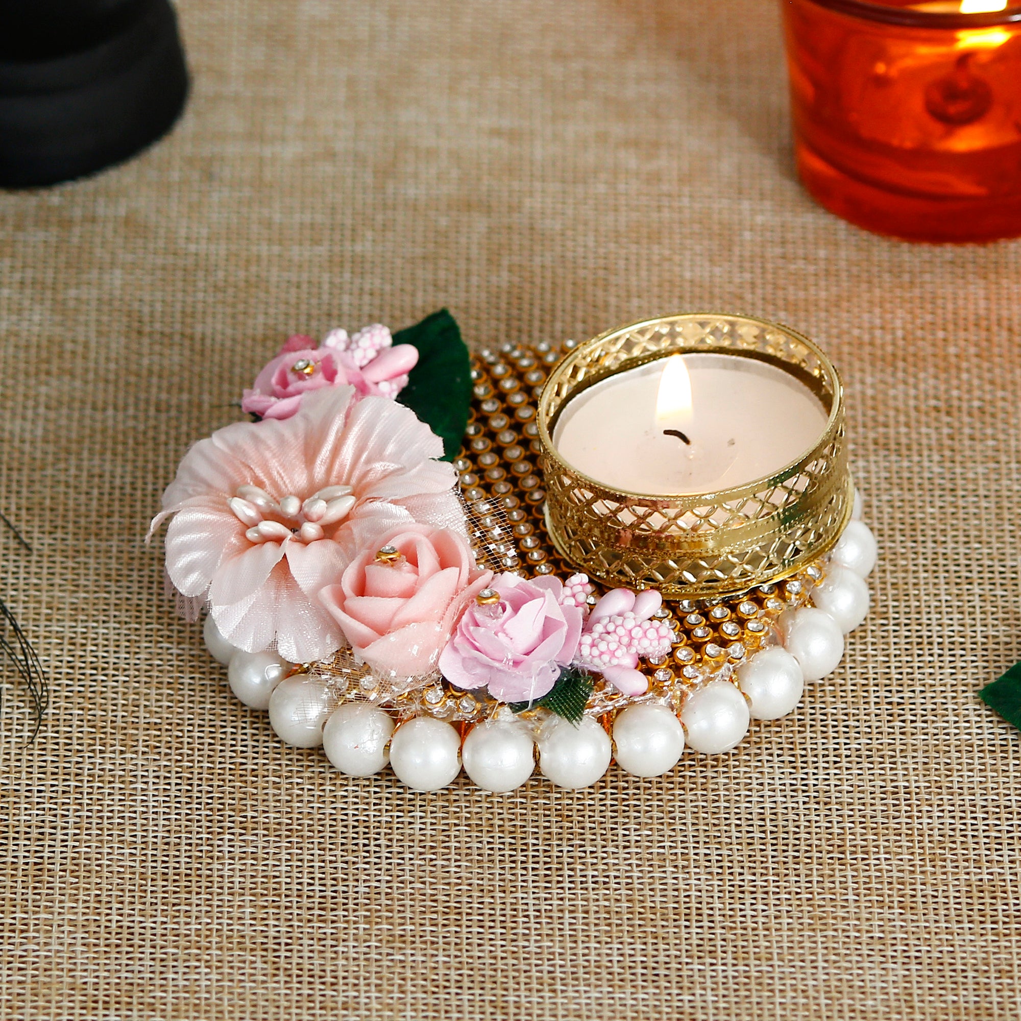 Decorative Handcrafted Pink Floral Tea Light Holder