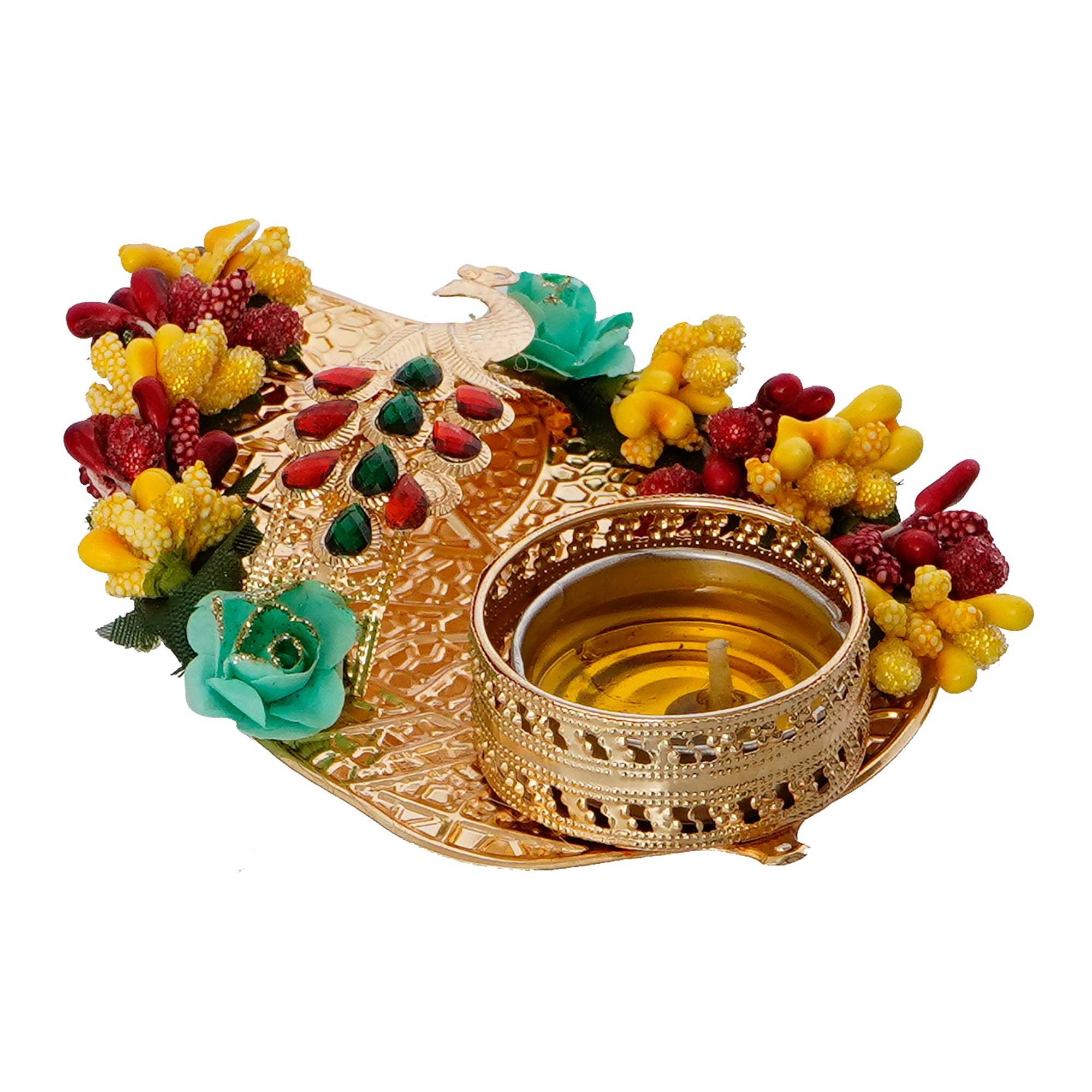 Decorative Handcrafted Yellow and Red Floral Leaf Shape Tea Light Holder 4