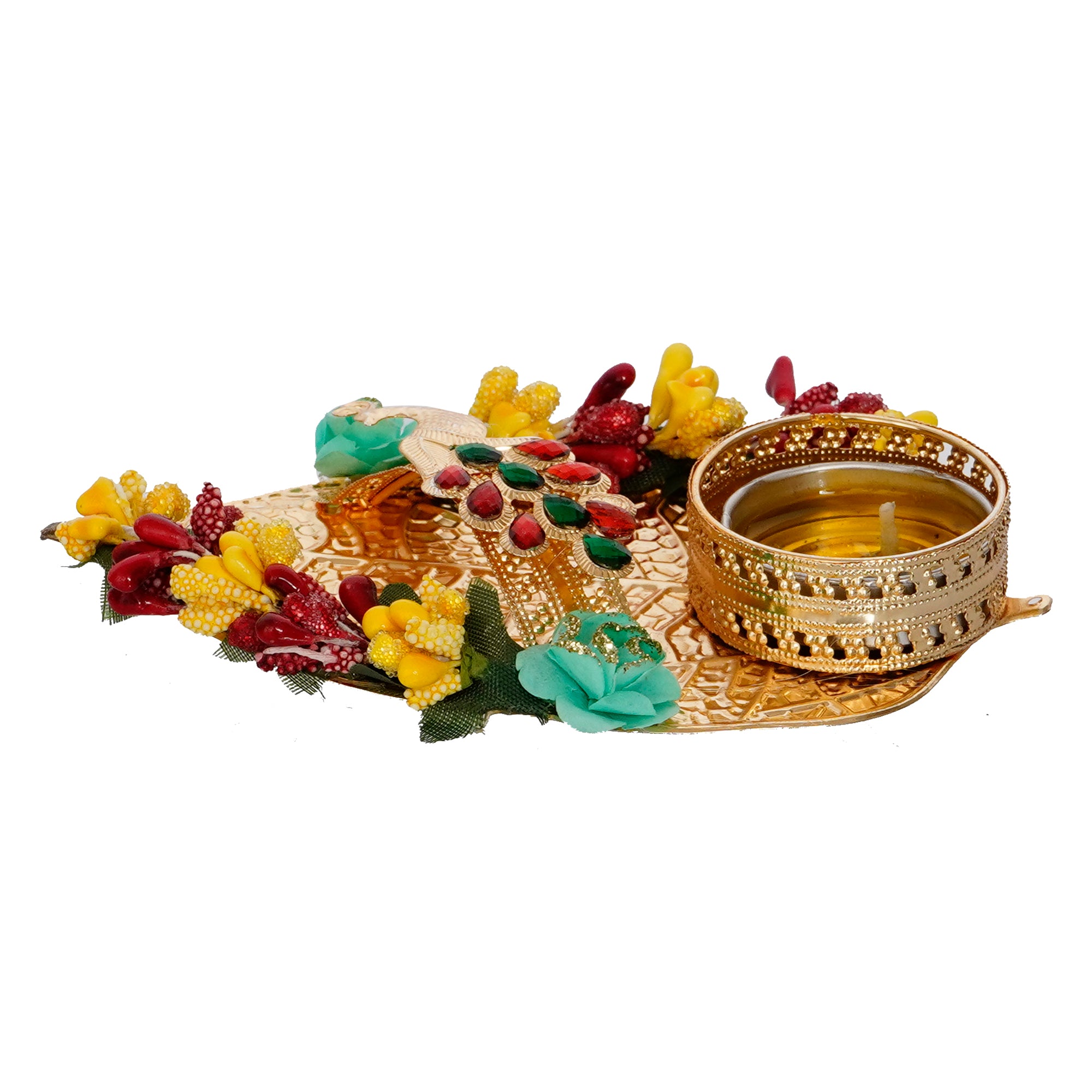 Decorative Handcrafted Yellow and Red Floral Leaf Shape Tea Light Holder 6