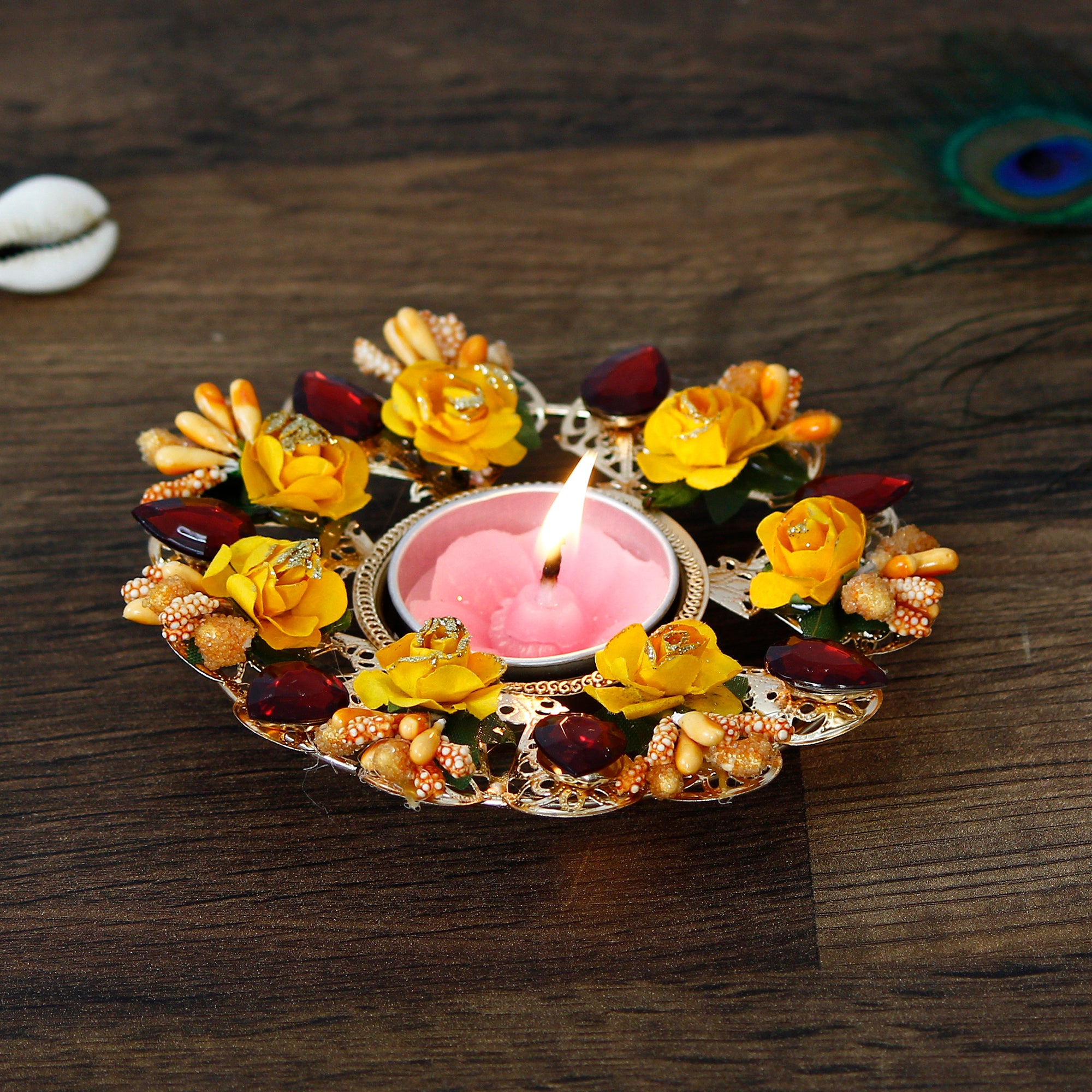 Decorative Handcrafted Yellow and Red Floral Tea Light Holder 1