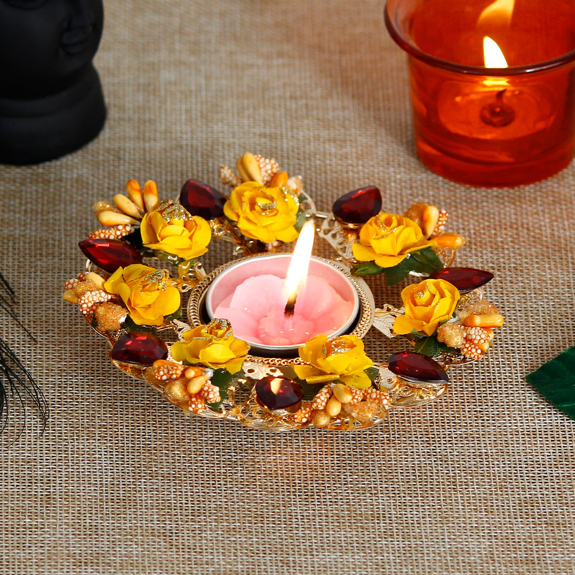Decorative Handcrafted Yellow and Red Floral Tea Light Holder
