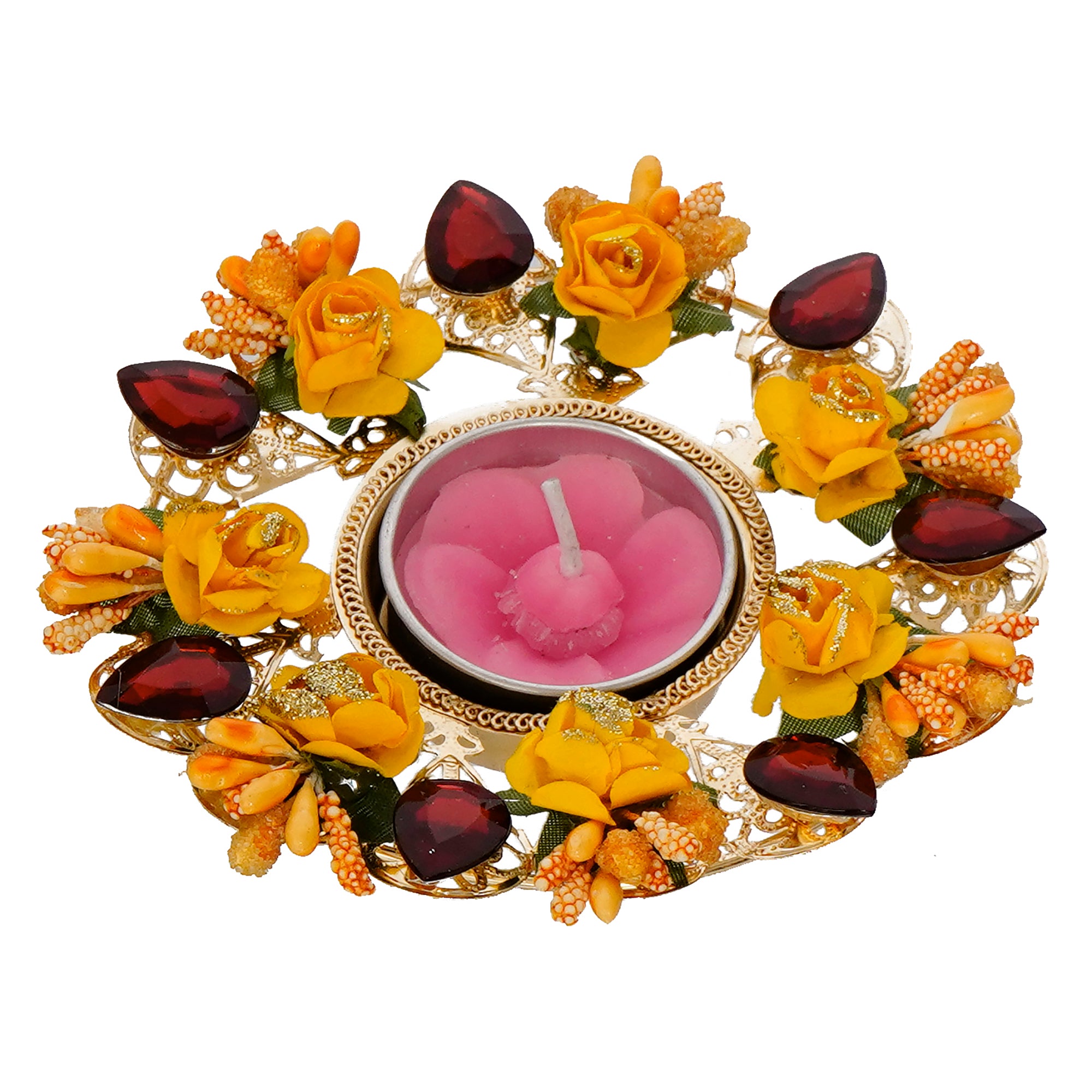 Decorative Handcrafted Yellow and Red Floral Tea Light Holder 2