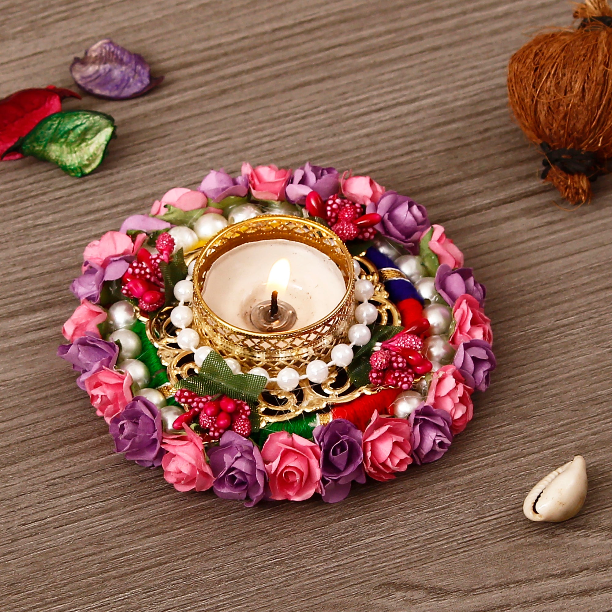 Pink And Purple Floral Handicrafted Round Tea Light Holder