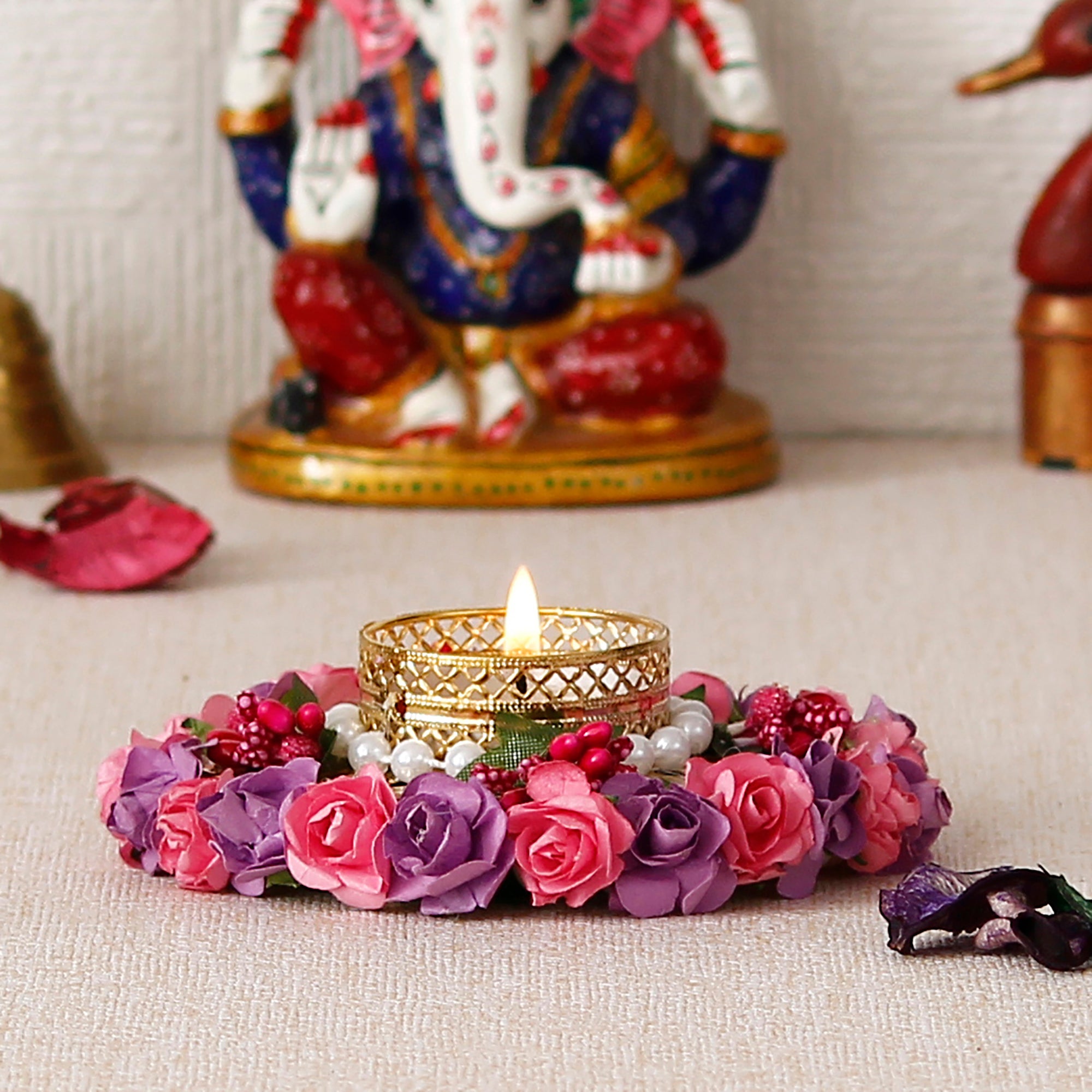 Pink And Purple Floral Handicrafted Round Tea Light Holder 1