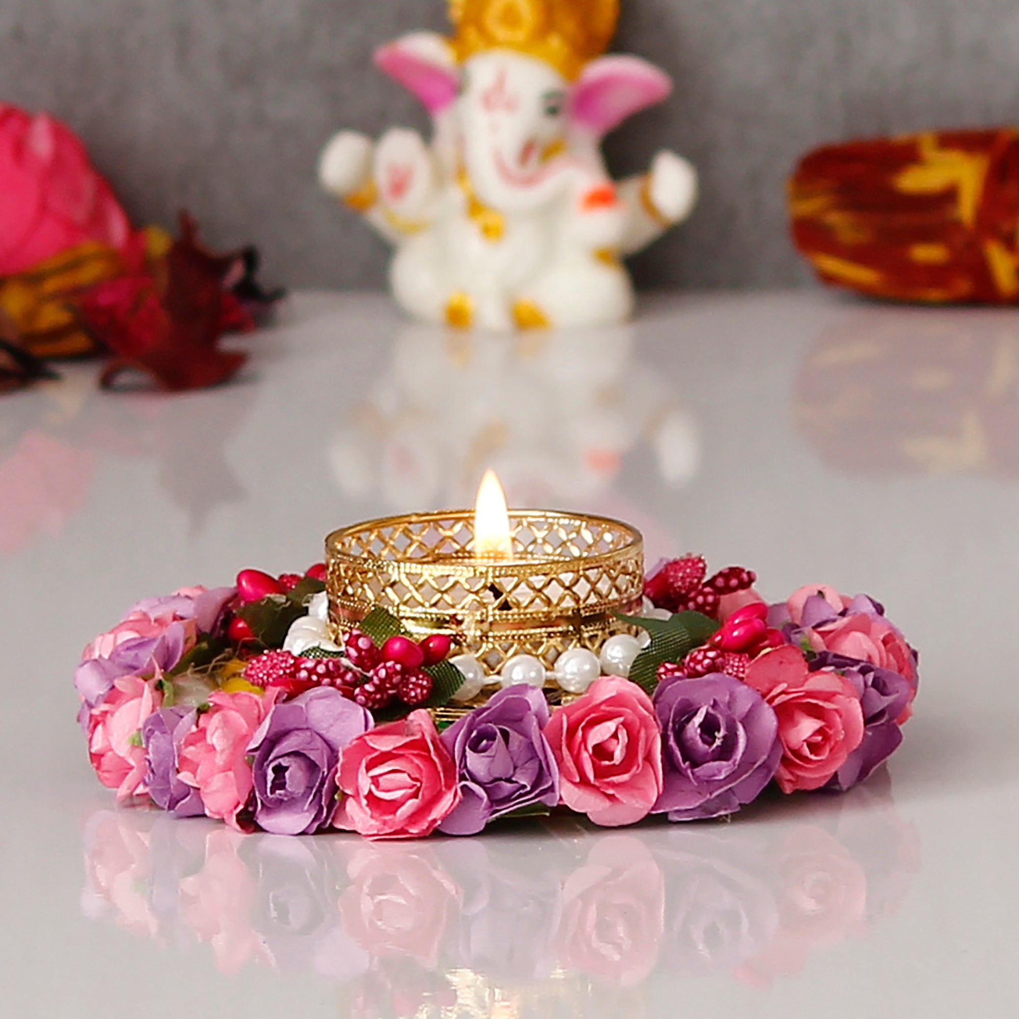 Pink And Purple Floral Handicrafted Round Tea Light Holder 2