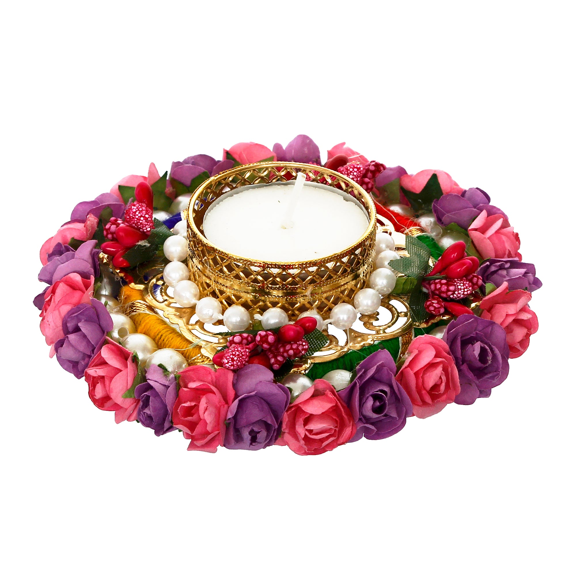Pink And Purple Floral Handicrafted Round Tea Light Holder 3