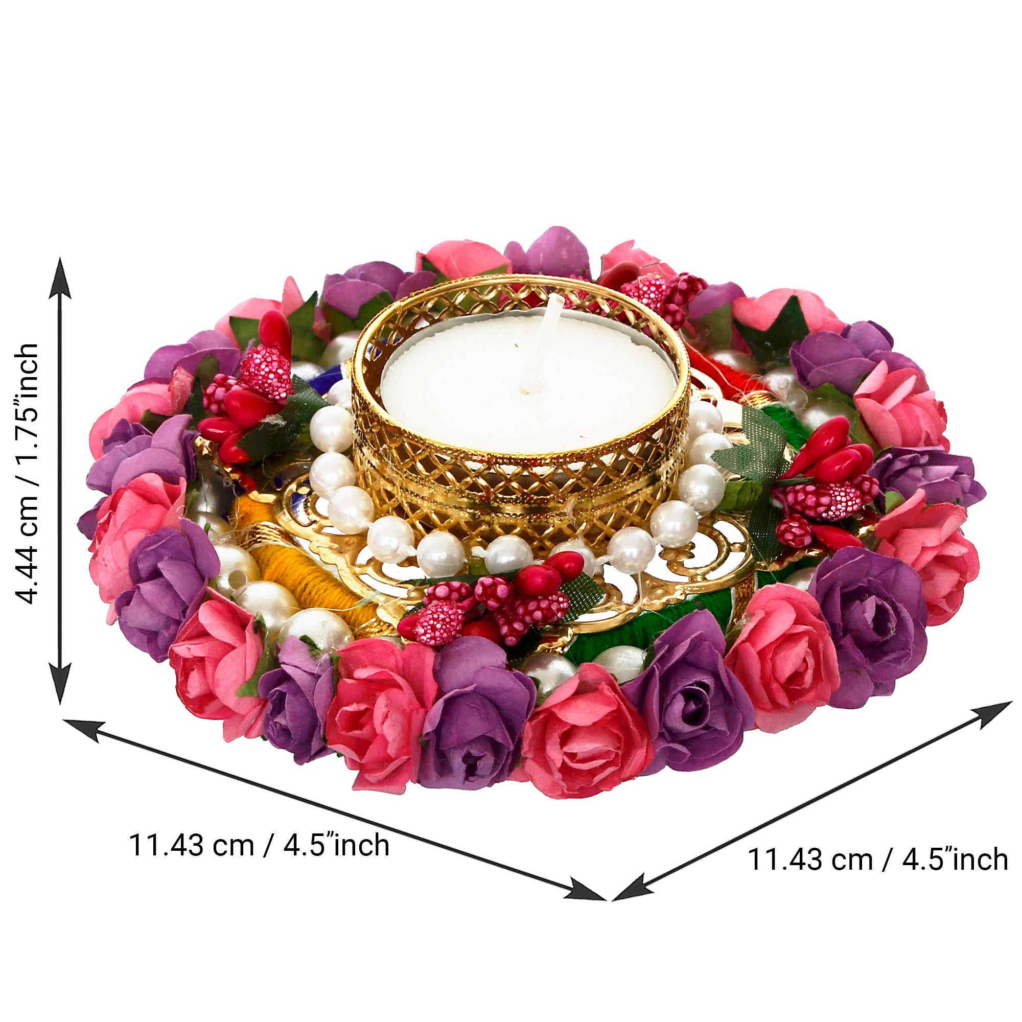 Pink And Purple Floral Handicrafted Round Tea Light Holder 4