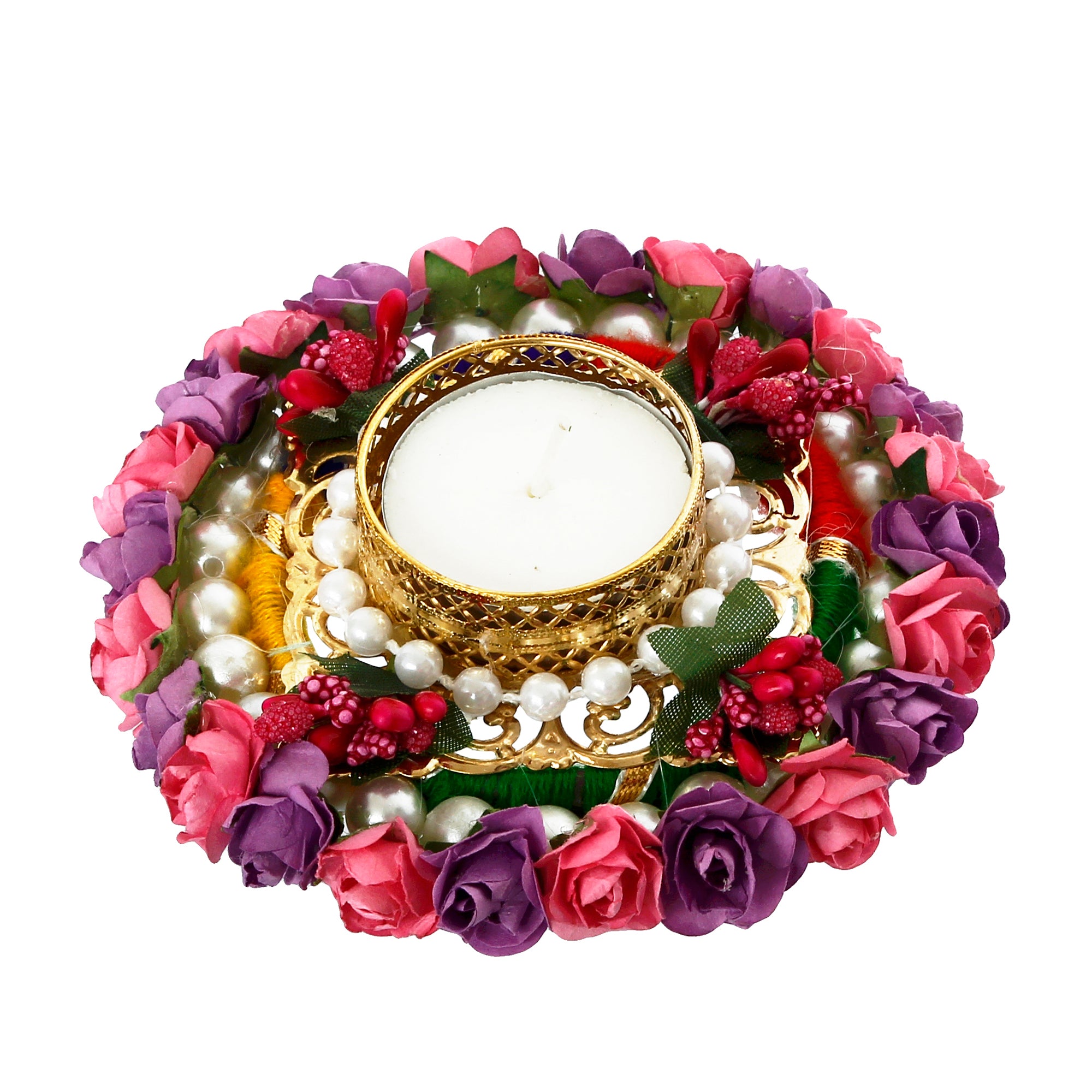 Pink And Purple Floral Handicrafted Round Tea Light Holder 5