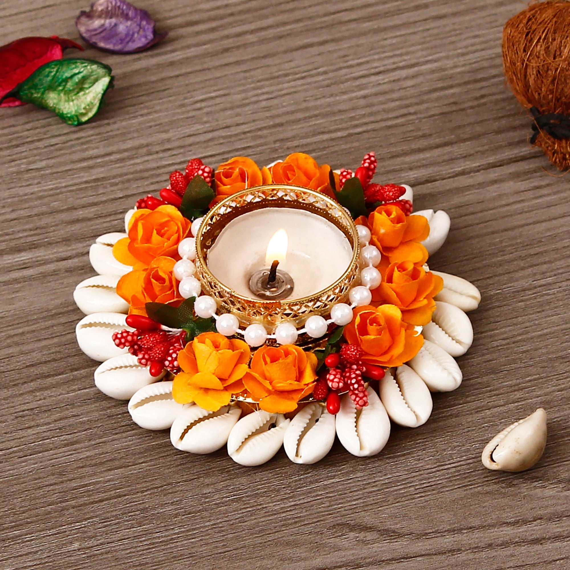 Shells and Floral Design Handcrafted Round Tea Light Candle Holder