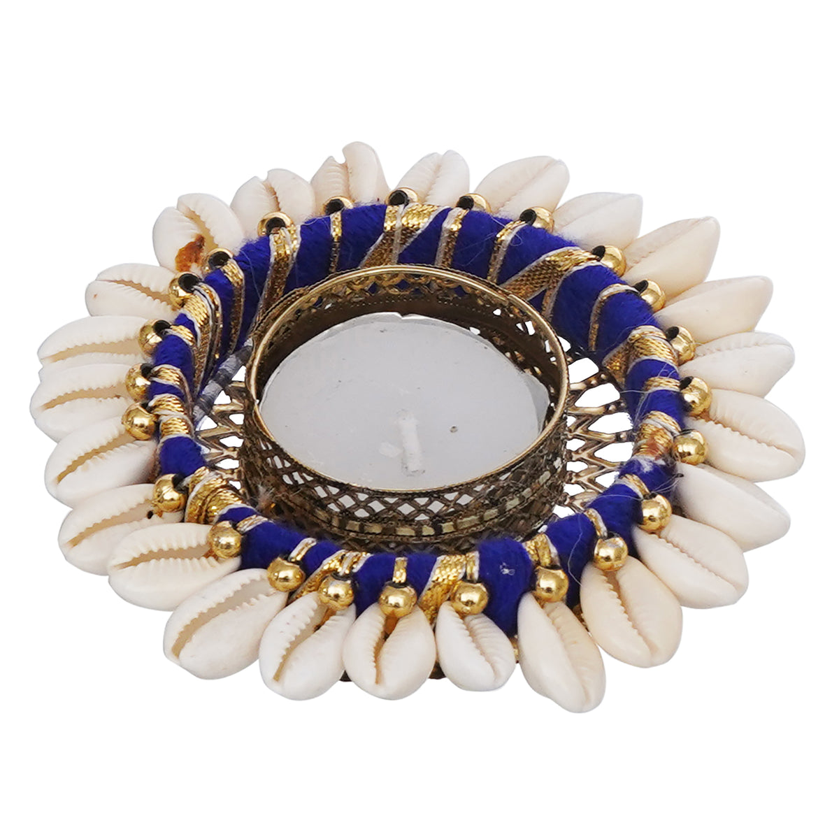 eCraftIndia Blue and White Cowrie Shell Decorative Metal Tea Light Hol