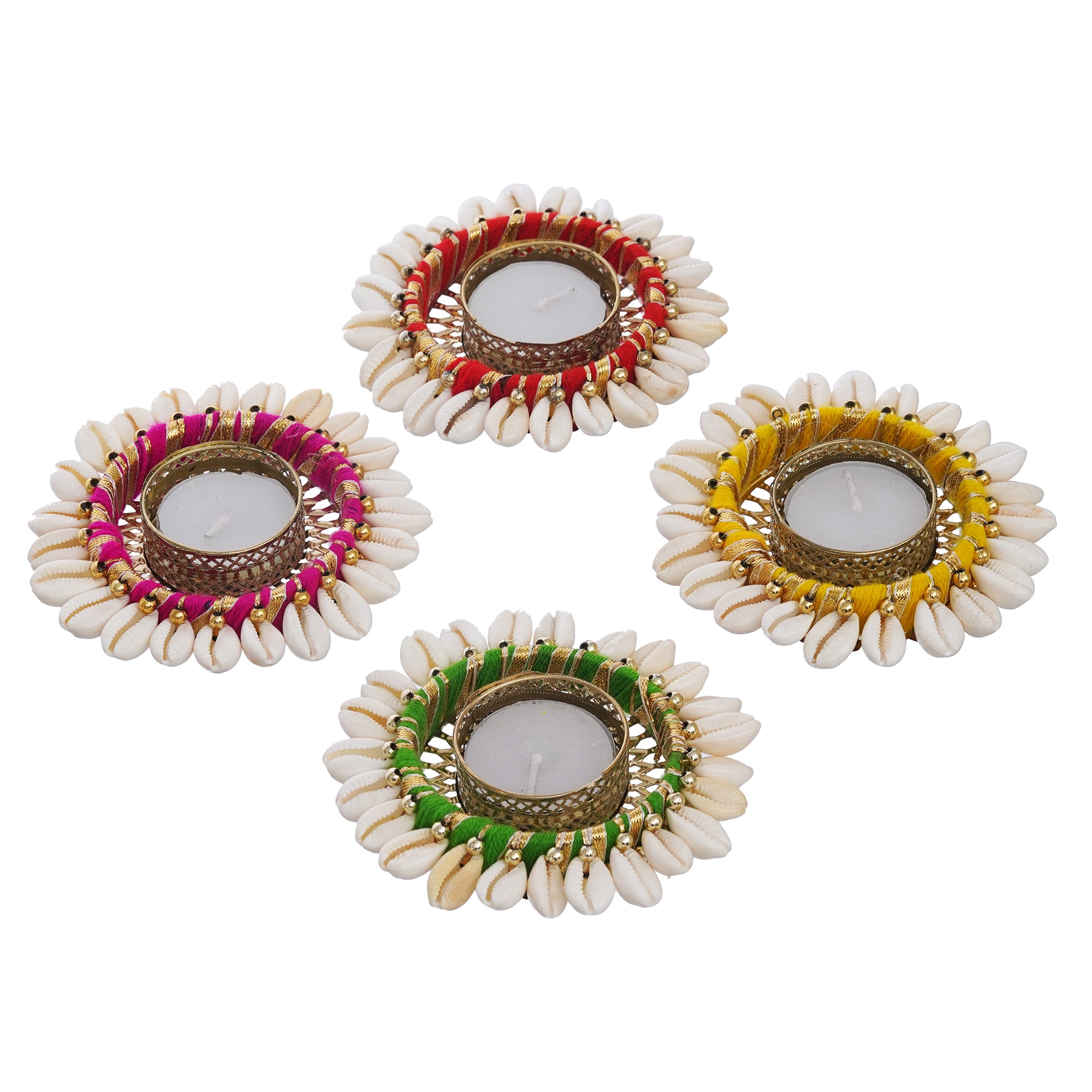 eCraftIndia Multicolor and White Cowrie Shell Decorative Metal Tea Light Holders (Set of 4) 6