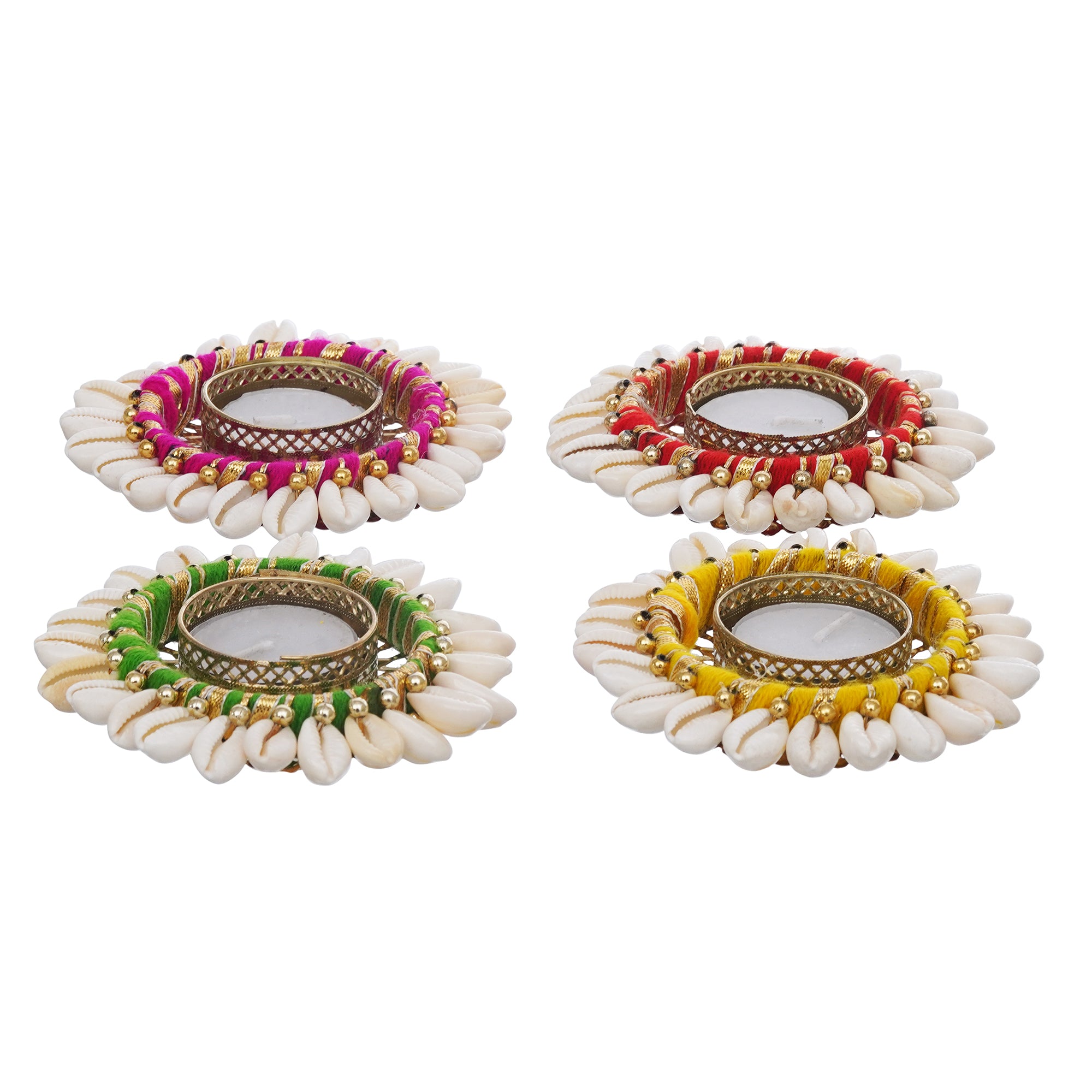 eCraftIndia Multicolor and White Cowrie Shell Decorative Metal Tea Light Holders (Set of 4) 7