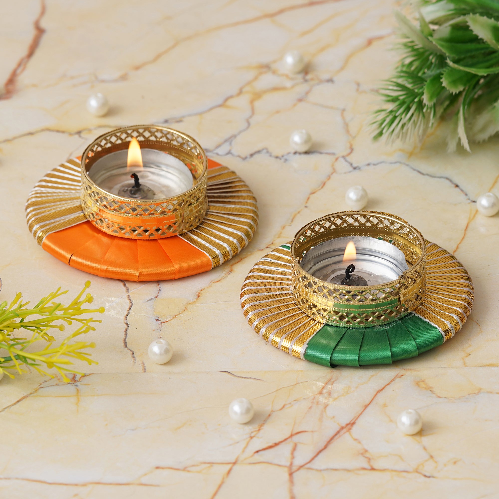 eCraftIndia Set of 2 Orange and Green Round Shaped Gota Patti Decorative Tea Light Candle Holders