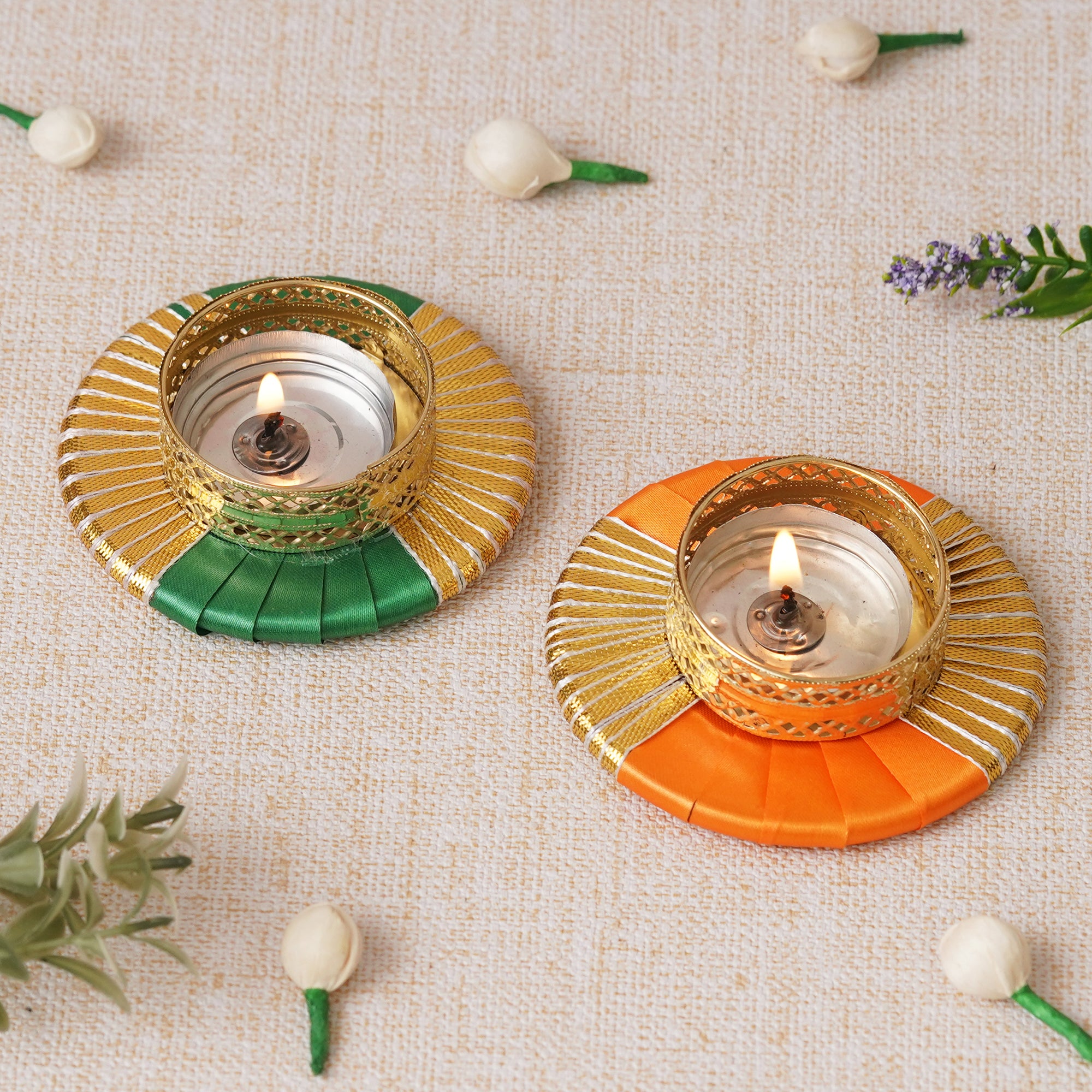 eCraftIndia Set of 2 Orange and Green Round Shaped Gota Patti Decorative Tea Light Candle Holders 1