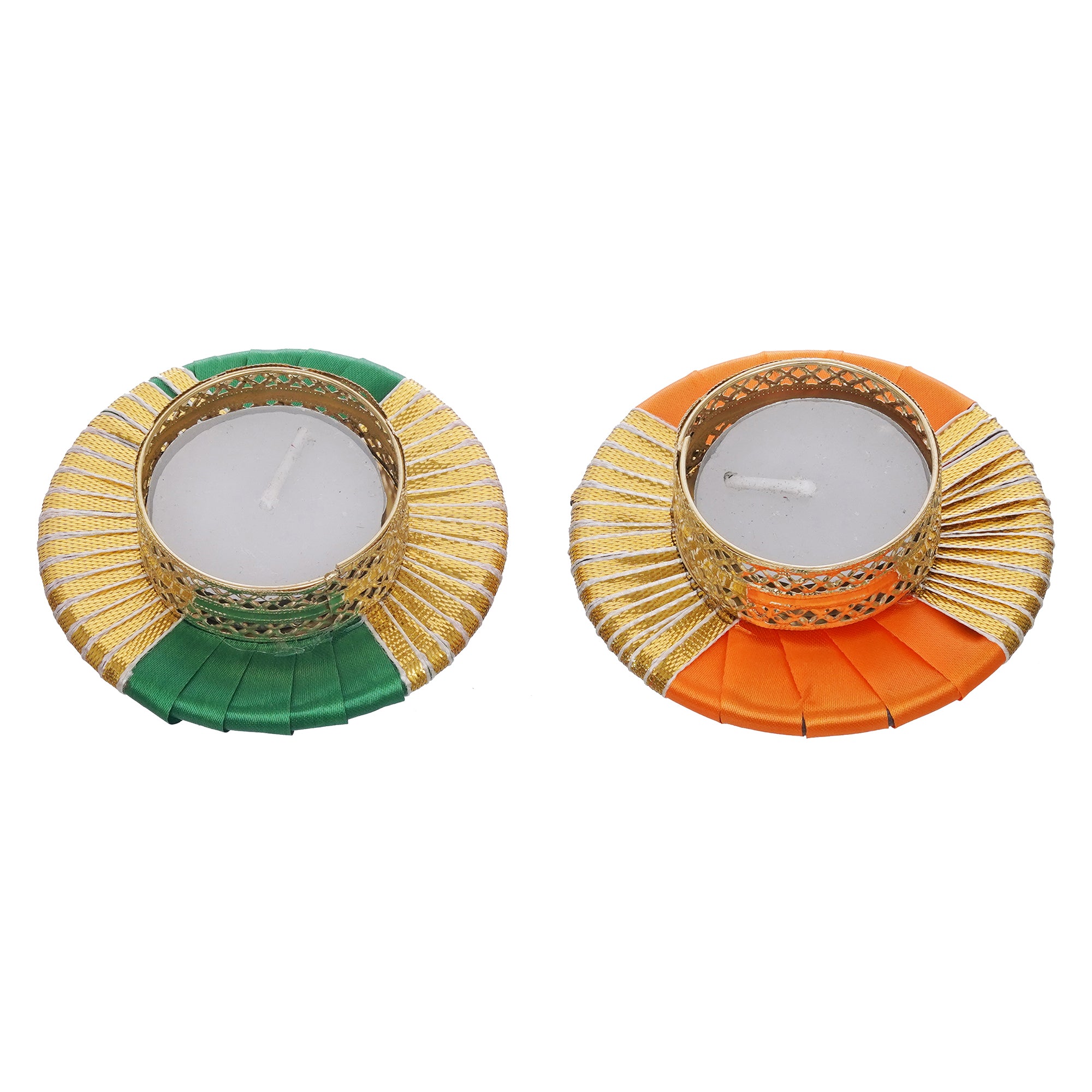 eCraftIndia Set of 2 Orange and Green Round Shaped Gota Patti Decorative Tea Light Candle Holders 2
