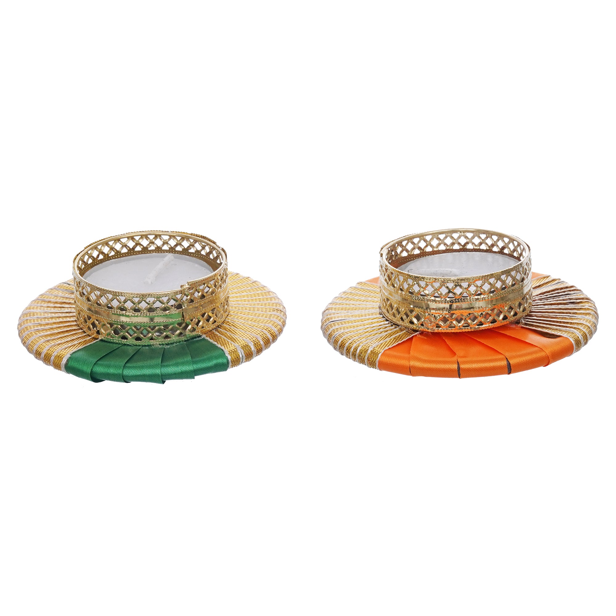 eCraftIndia Set of 2 Orange and Green Round Shaped Gota Patti Decorative Tea Light Candle Holders 5