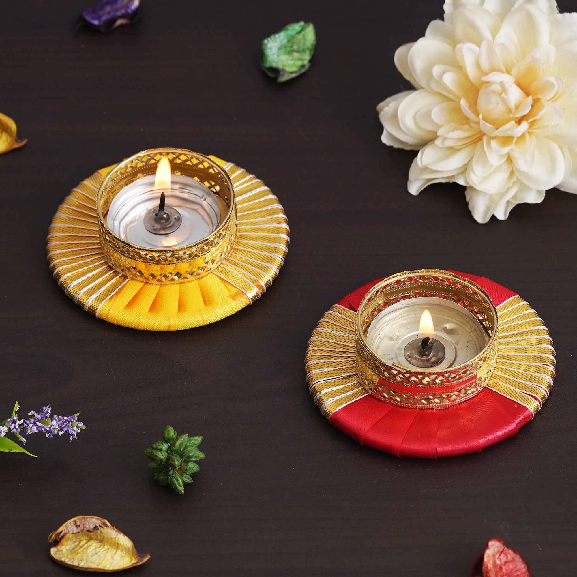 eCraftIndia Set of 2 Red and Yellow Round Shaped Gota Patti Decorative Tea Light Candle Holders