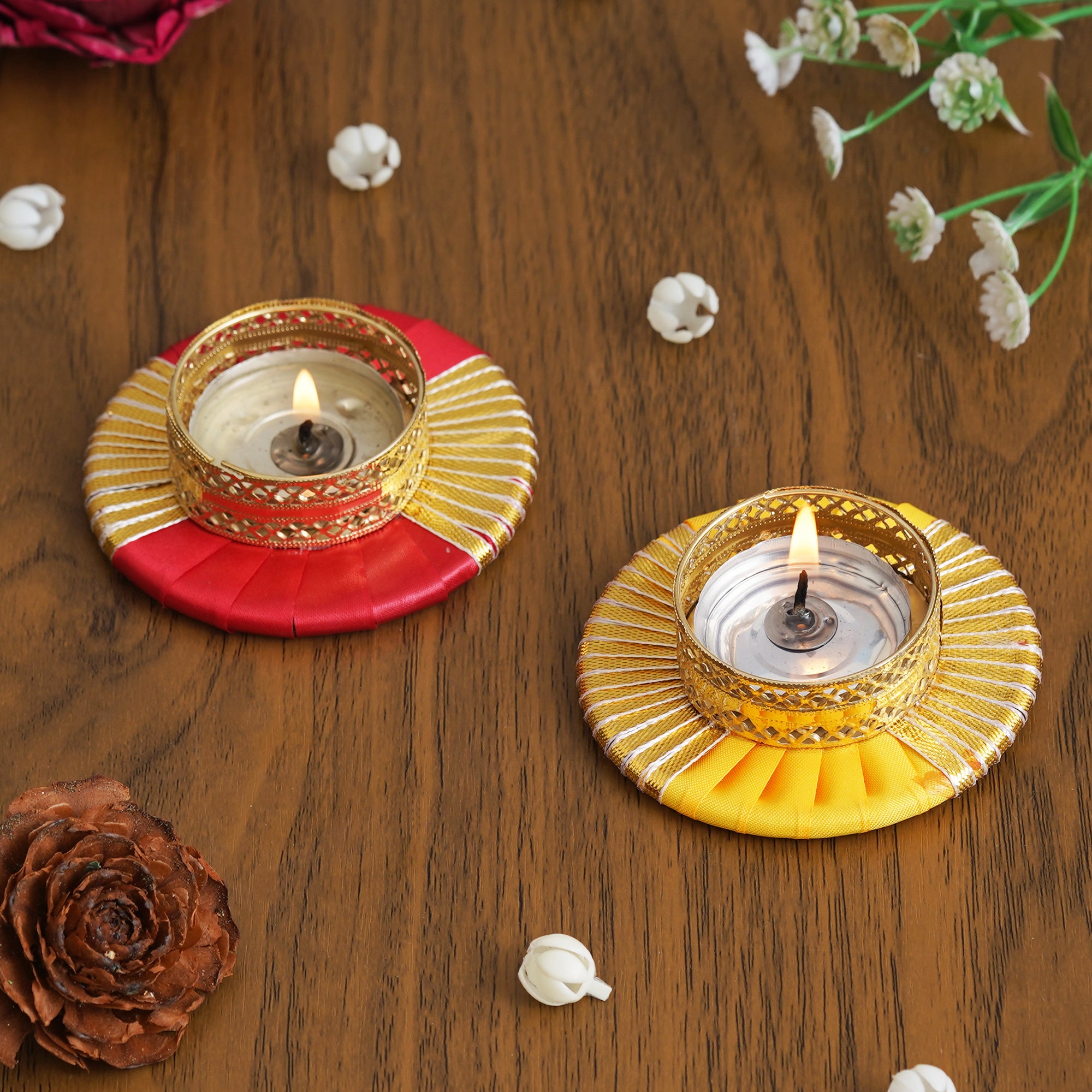 eCraftIndia Set of 2 Red and Yellow Round Shaped Gota Patti Decorative Tea Light Candle Holders 1
