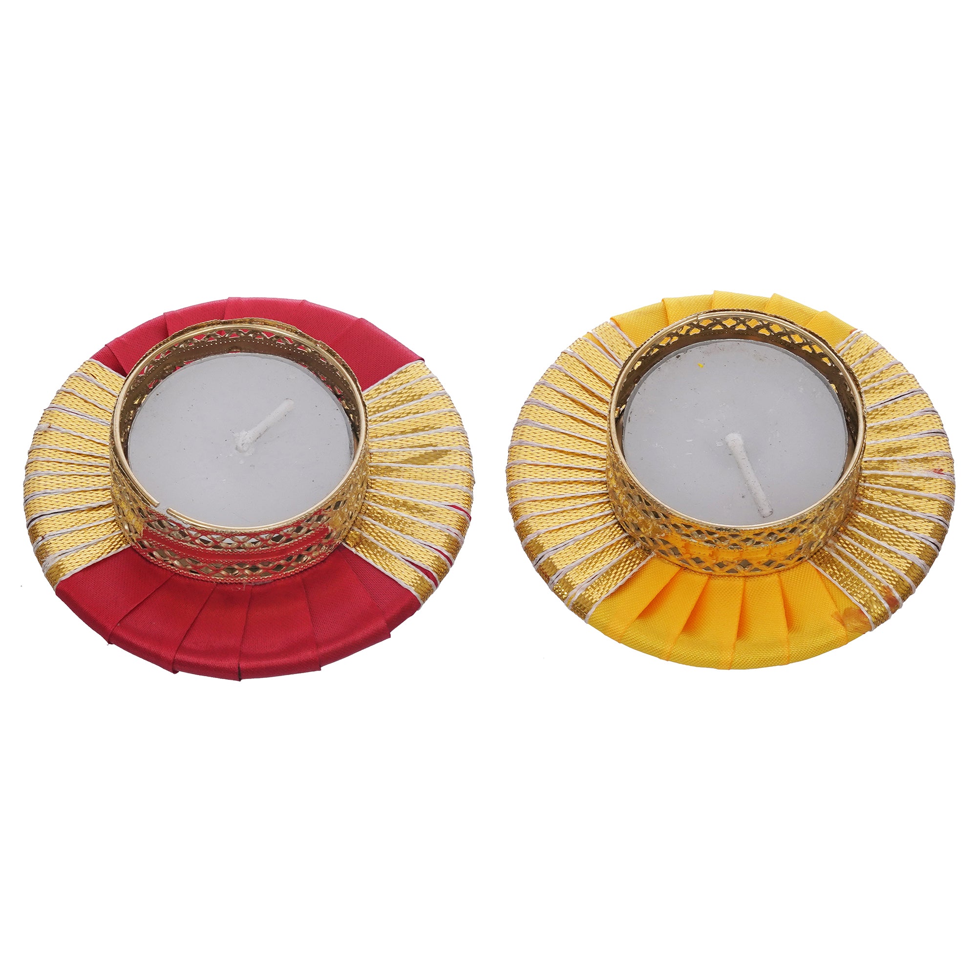 eCraftIndia Set of 2 Red and Yellow Round Shaped Gota Patti Decorative Tea Light Candle Holders 2