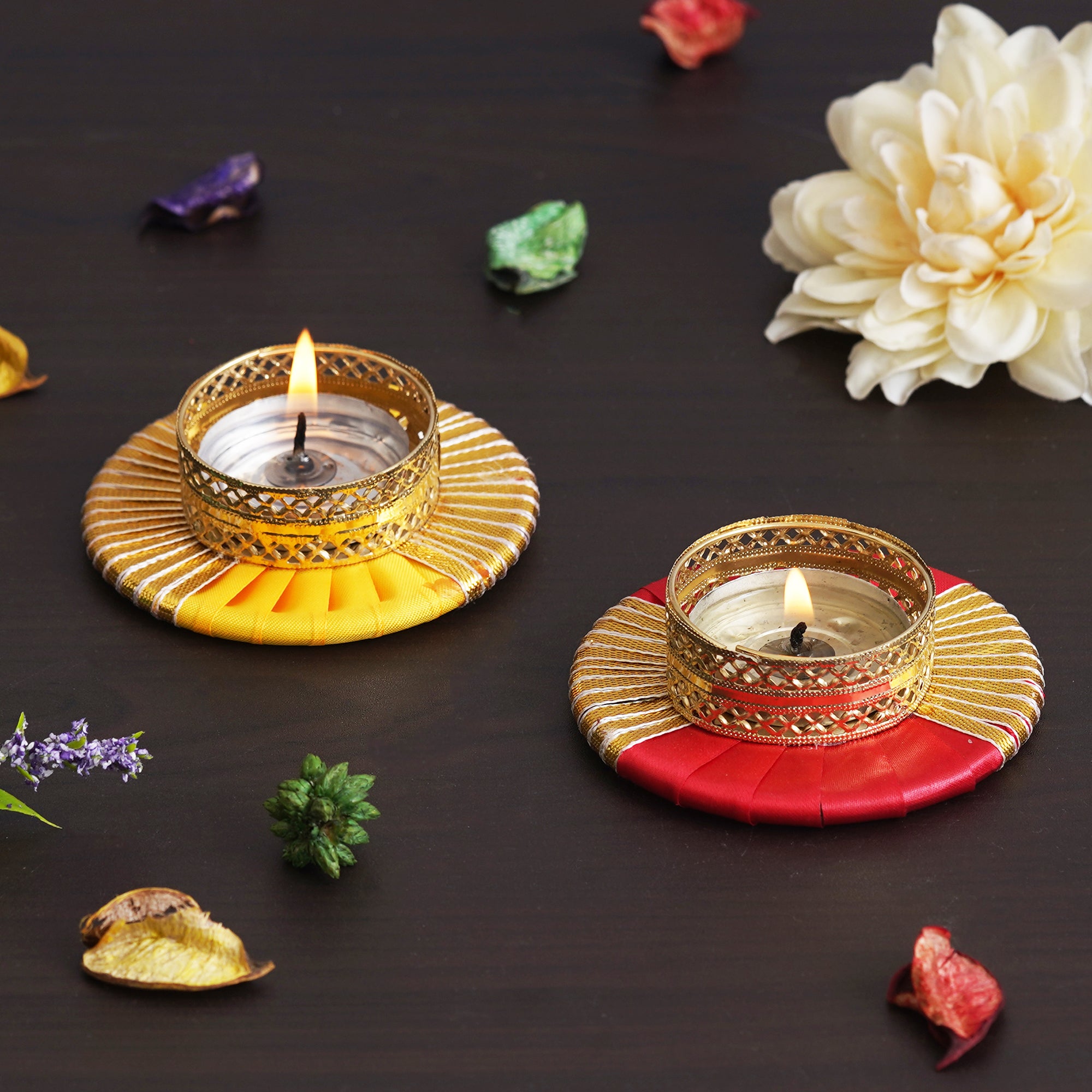 eCraftIndia Set of 2 Red and Yellow Round Shaped Gota Patti Decorative Tea Light Candle Holders 4