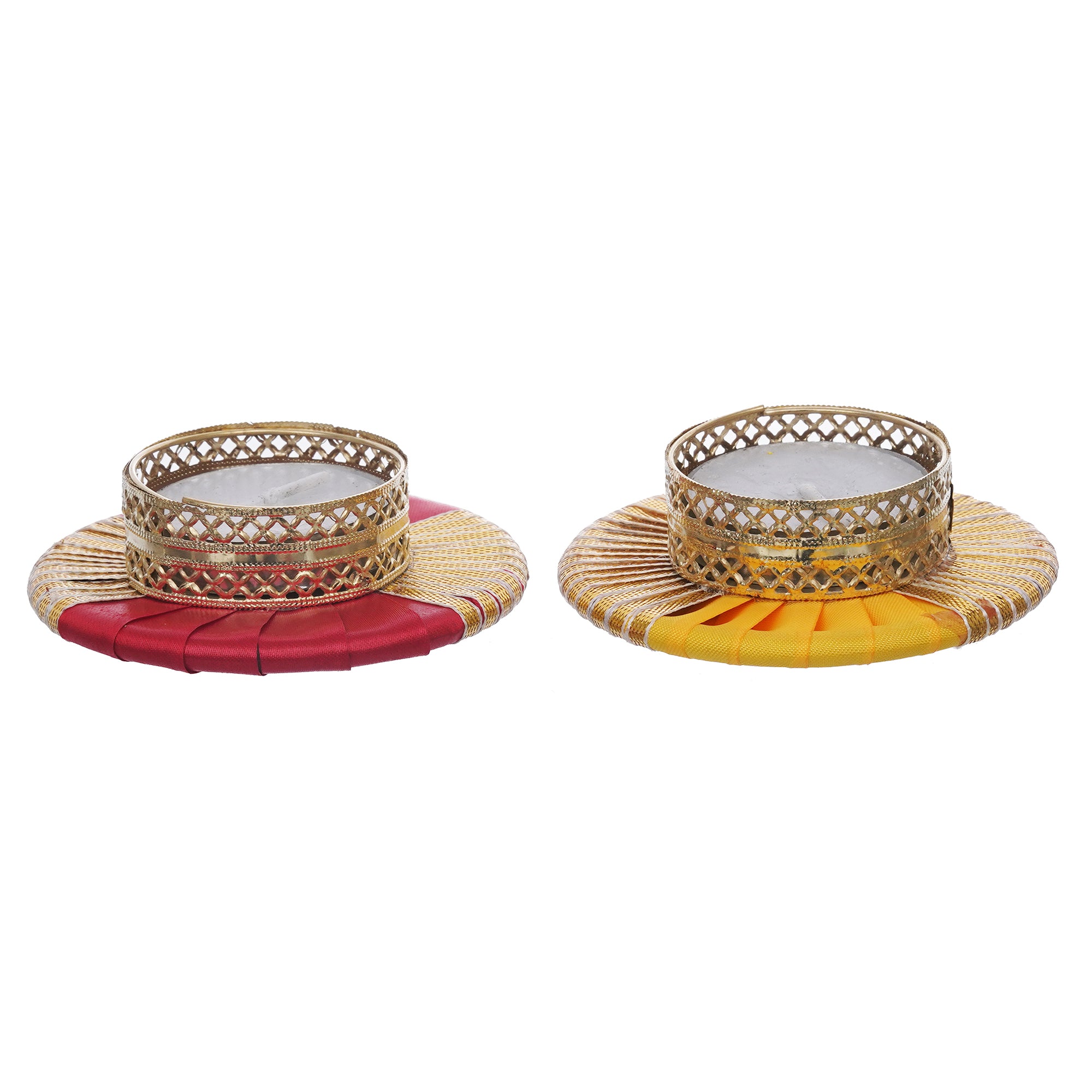 eCraftIndia Set of 2 Red and Yellow Round Shaped Gota Patti Decorative Tea Light Candle Holders 6