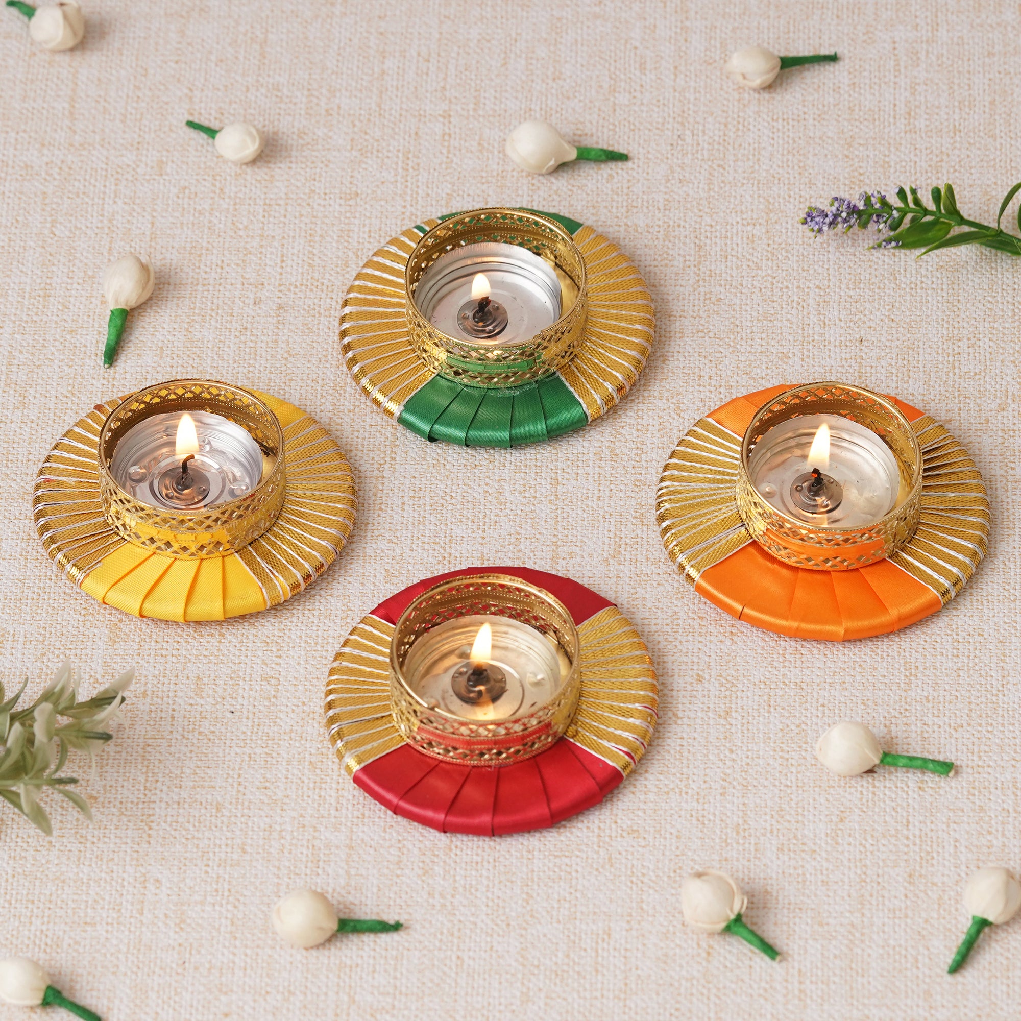 eCraftIndia Set of 4 Round Shaped Gota Patti Decorative Tea Light Candle Holders (Red, Yellow, Orange, and Green)