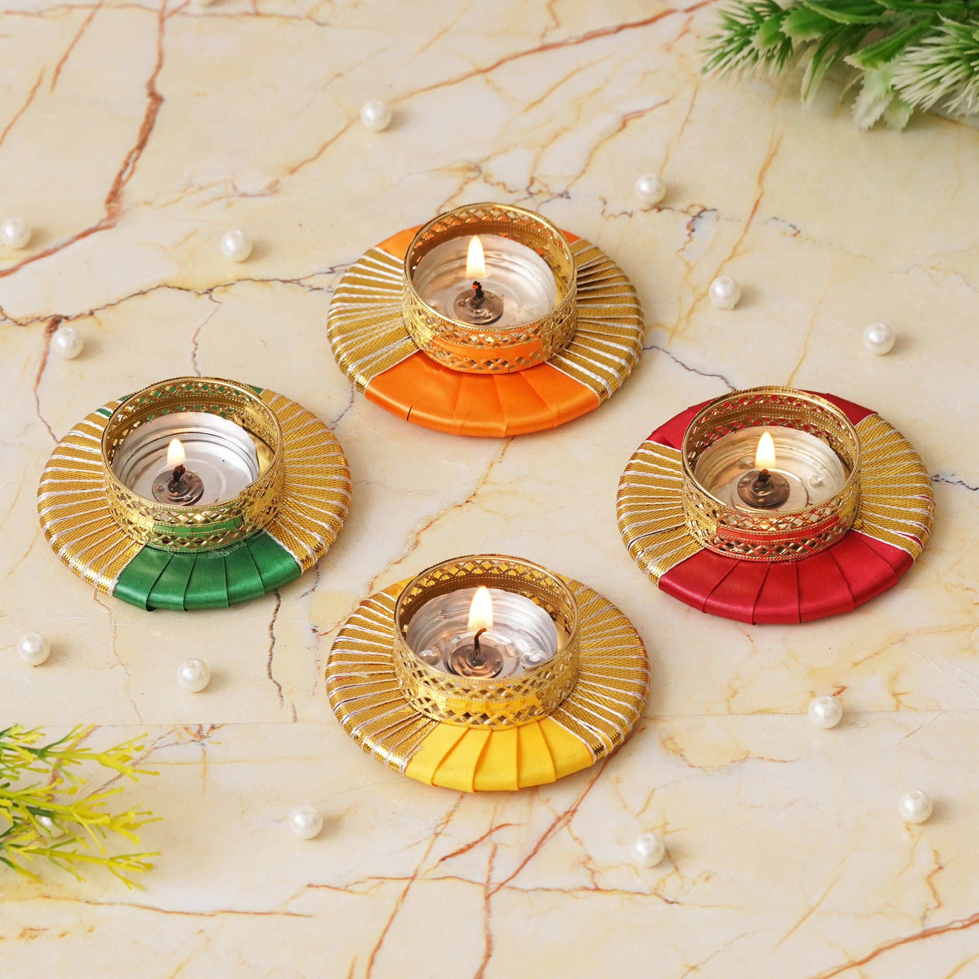 eCraftIndia Set of 4 Round Shaped Gota Patti Decorative Tea Light Candle Holders (Red, Yellow, Orange, and Green) 1