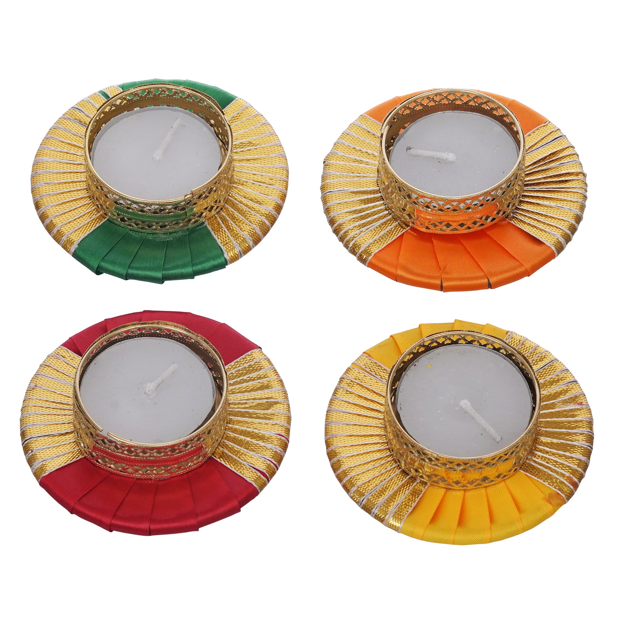 eCraftIndia Set of 4 Round Shaped Gota Patti Decorative Tea Light Candle Holders (Red, Yellow, Orange, and Green) 2