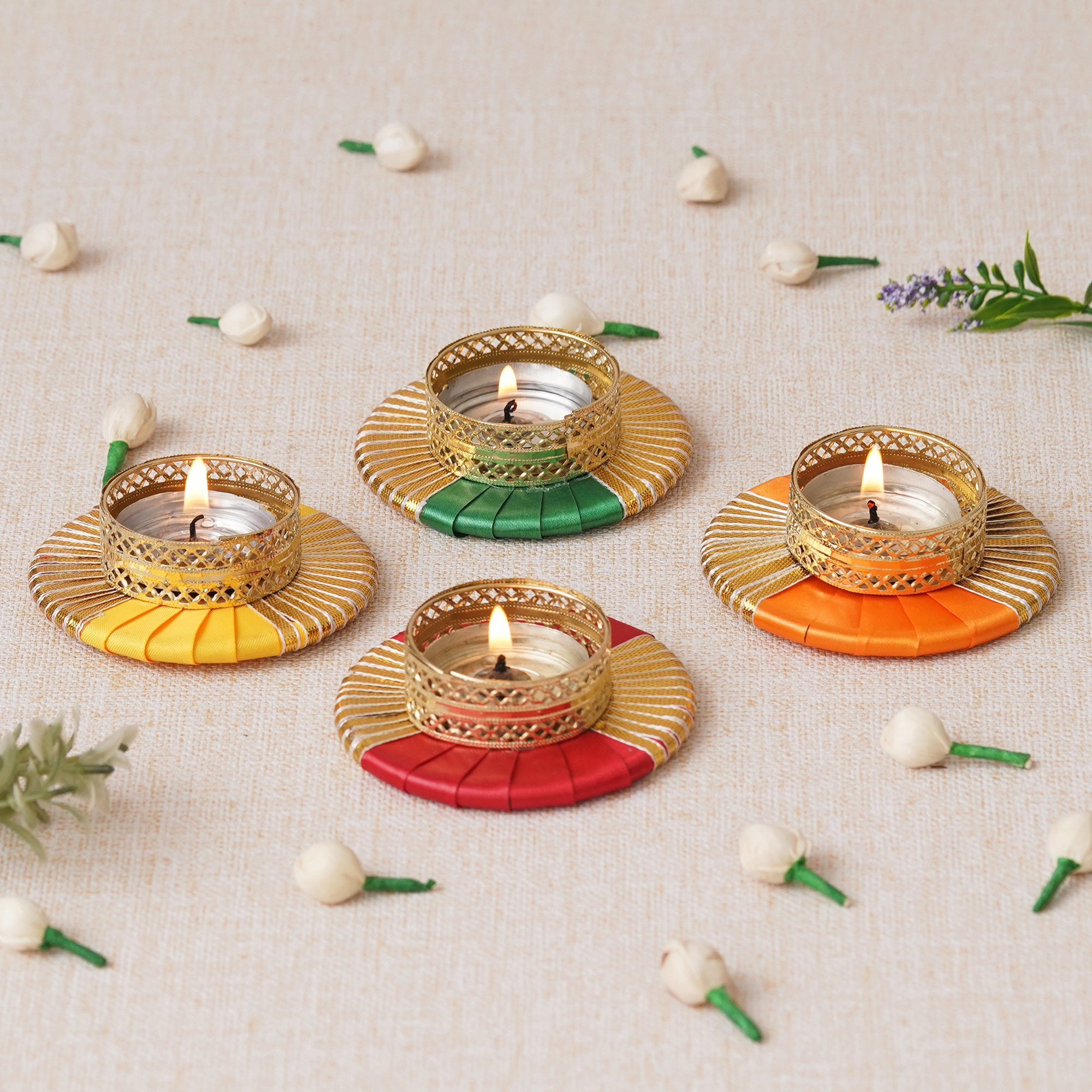 eCraftIndia Set of 4 Round Shaped Gota Patti Decorative Tea Light Candle Holders (Red, Yellow, Orange, and Green) 4