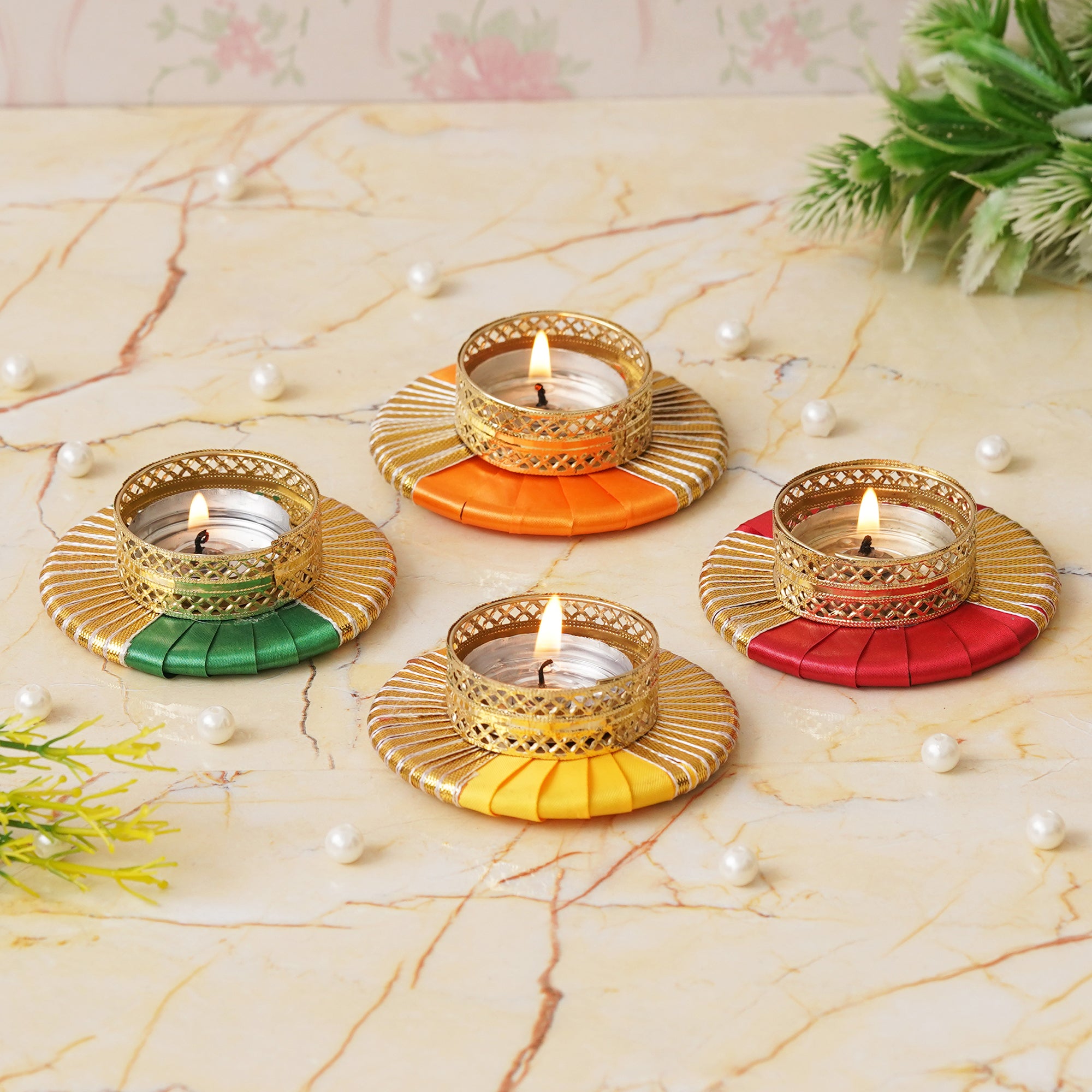 eCraftIndia Set of 4 Round Shaped Gota Patti Decorative Tea Light Candle Holders (Red, Yellow, Orange, and Green) 5