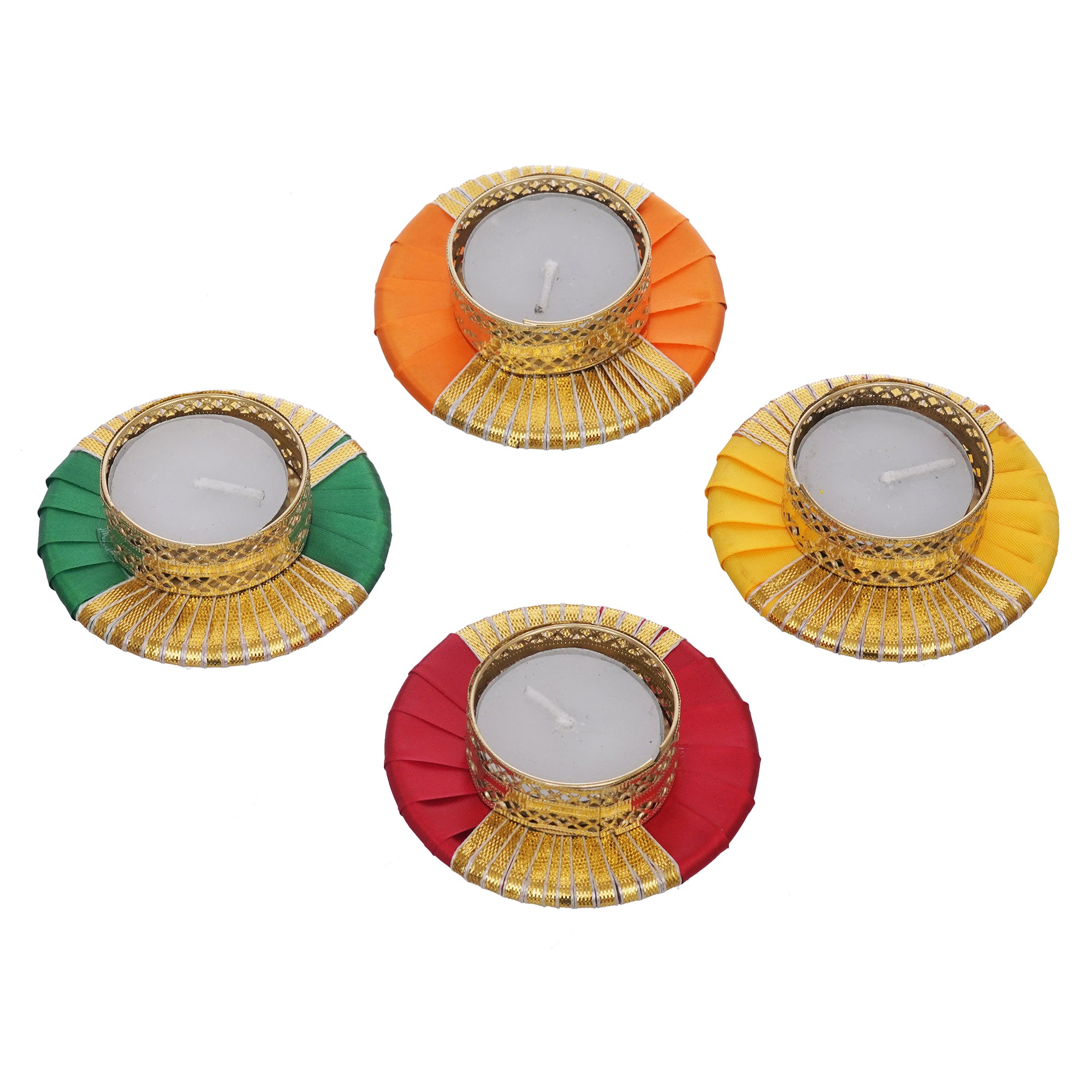 eCraftIndia Set of 4 Round Shaped Gota Patti Decorative Tea Light Candle Holders (Red, Yellow, Orange, and Green) 6
