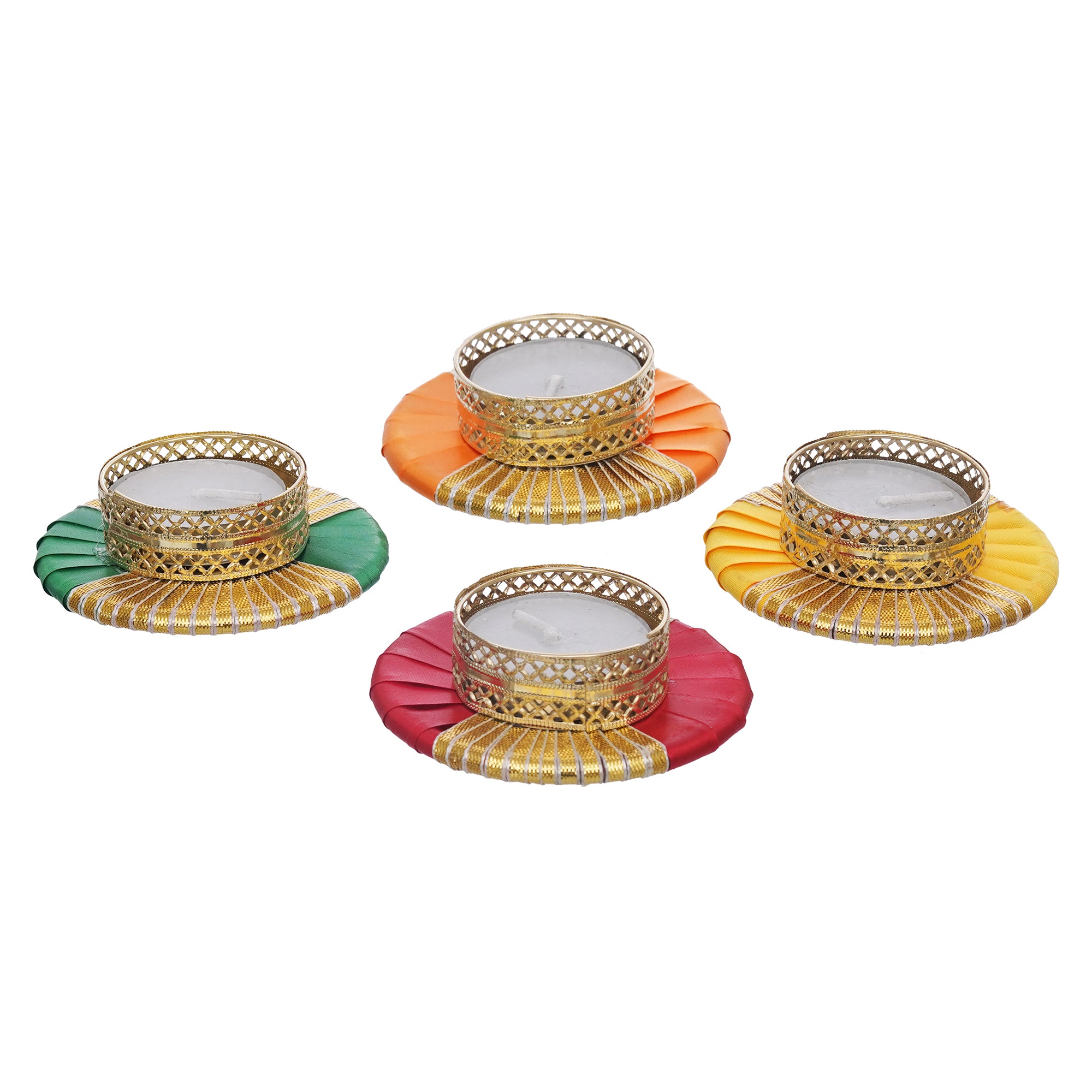 eCraftIndia Set of 4 Round Shaped Gota Patti Decorative Tea Light Candle Holders (Red, Yellow, Orange, and Green) 7