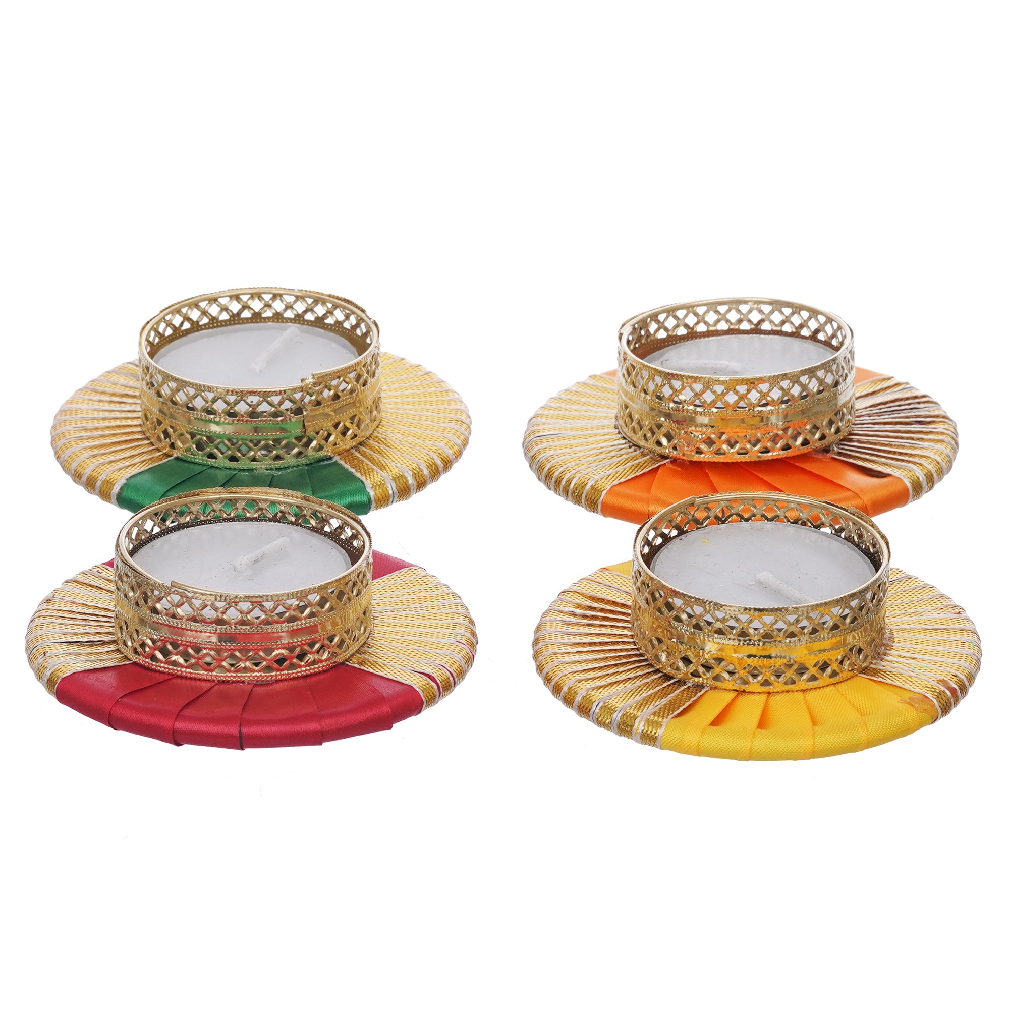 eCraftIndia Set of 4 Round Shaped Gota Patti Decorative Tea Light Candle Holders (Red, Yellow, Orange, and Green) 8