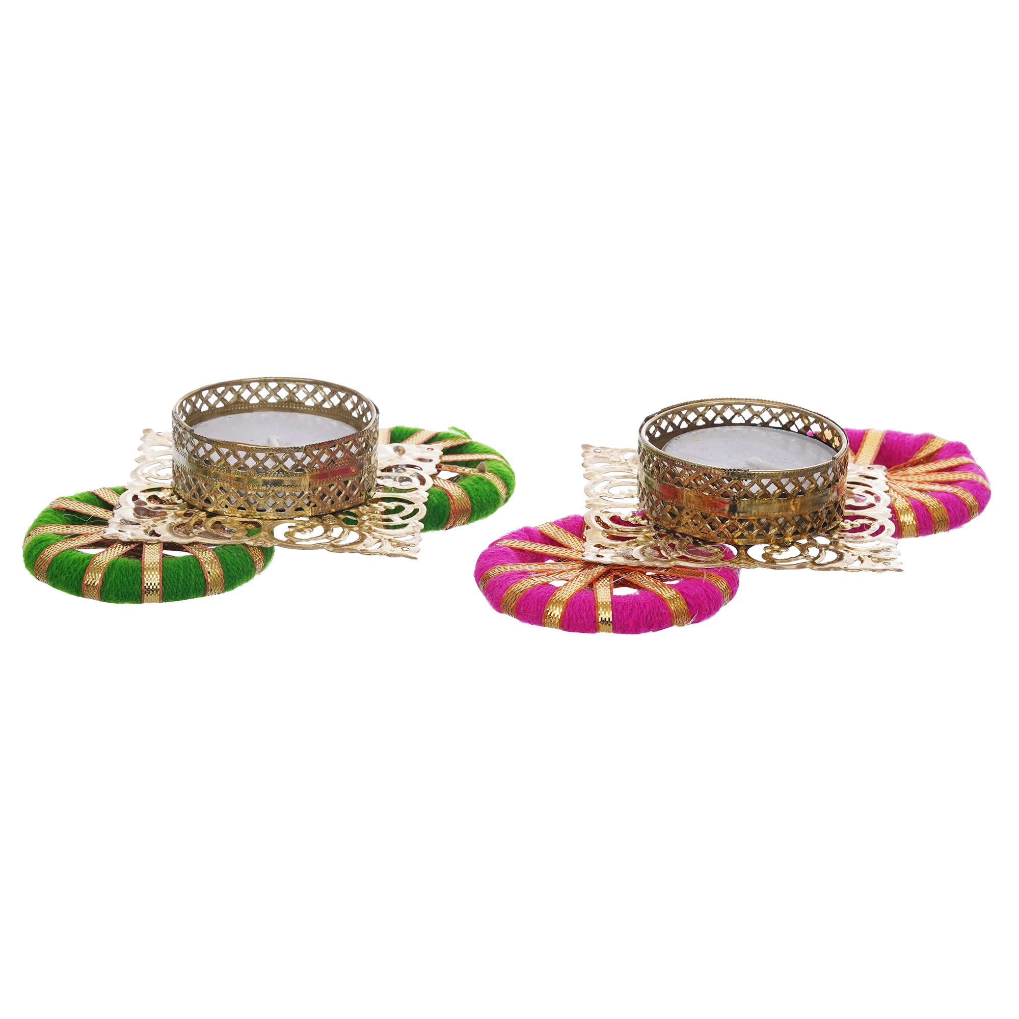 eCraftIndia Set of 2 Green and Pink Decorative Plate Tea Light Candle Holders 6