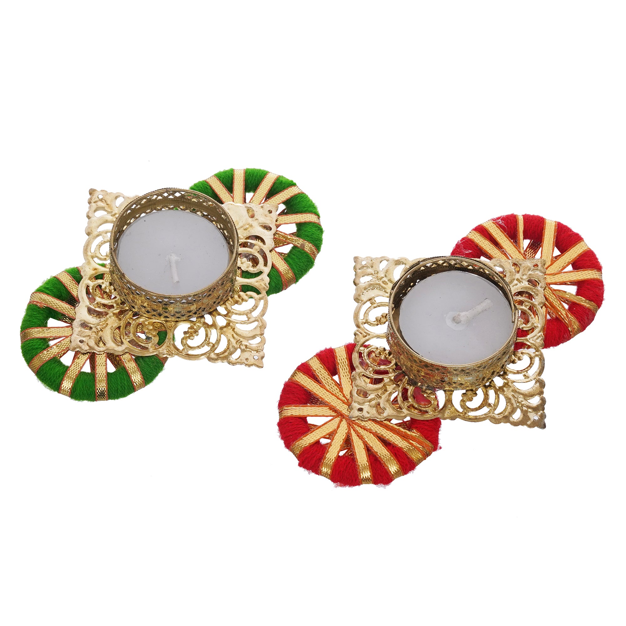 eCraftIndia Set of 2 Green and Red Decorative Plate Tea Light Candle Holders 2