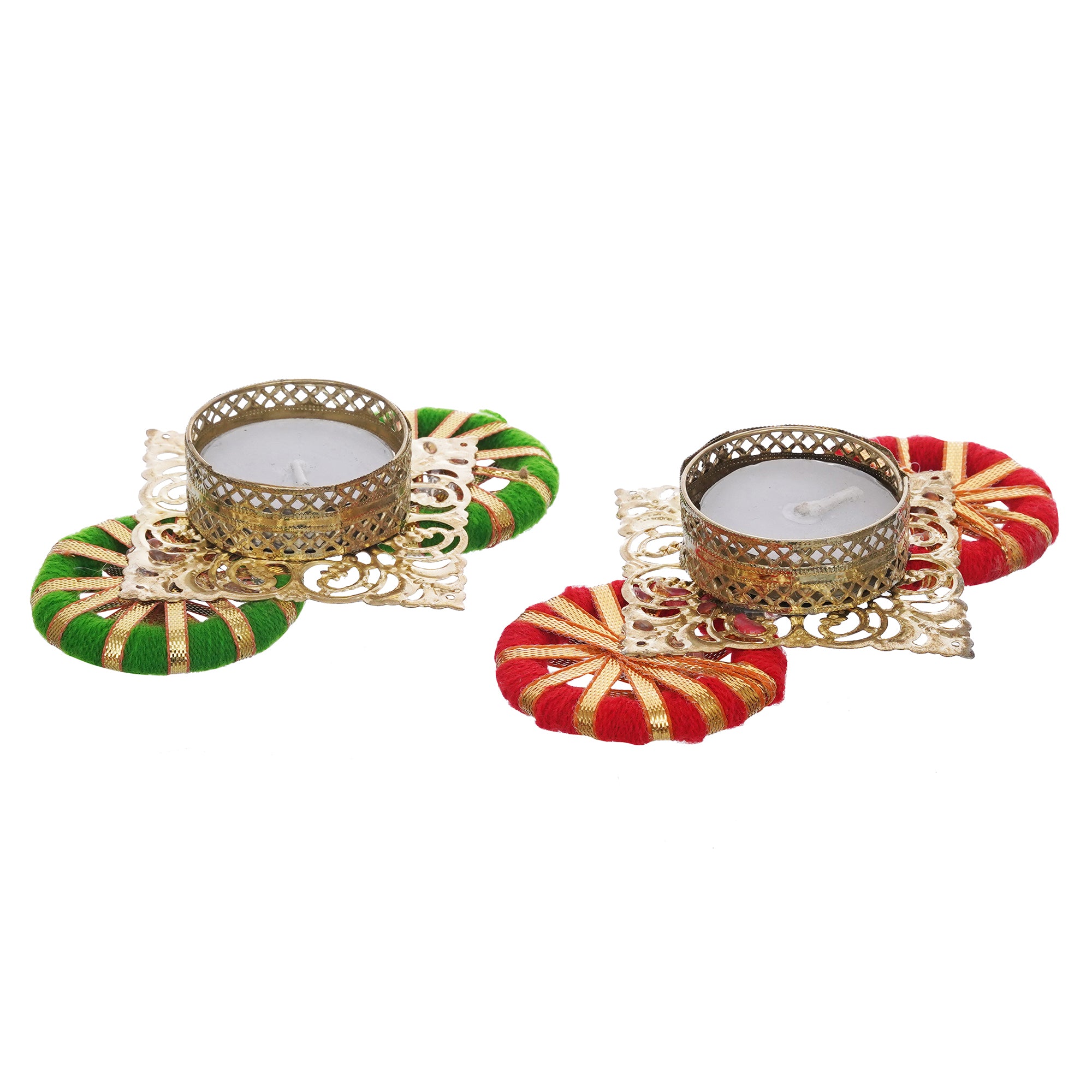 eCraftIndia Set of 2 Green and Red Decorative Plate Tea Light Candle Holders 6