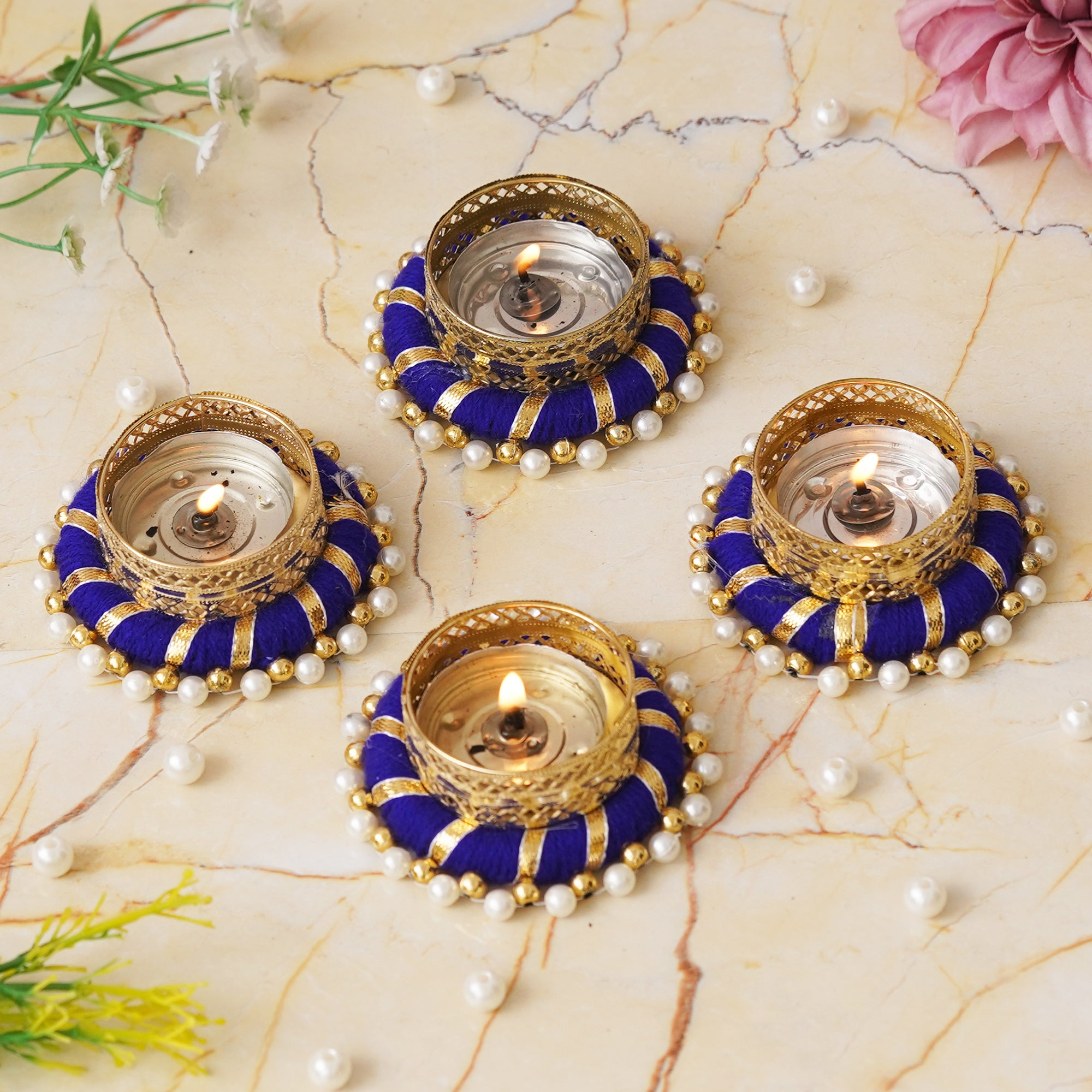 eCraftIndia Set of 4 Golden and Blue Round Shaped Beaded Decorative Tea Light Candle Holders