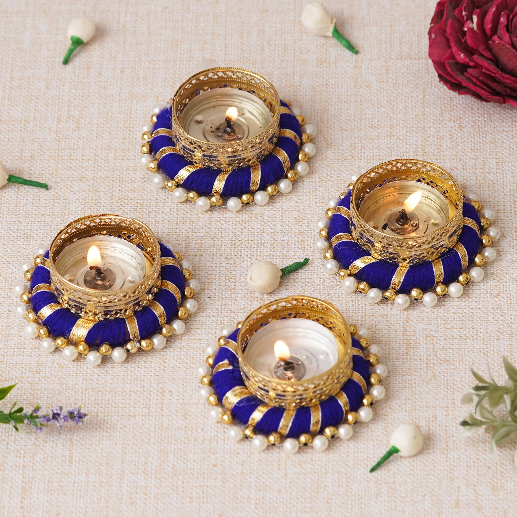 eCraftIndia Set of 4 Golden and Blue Round Shaped Beaded Decorative Tea Light Candle Holders 1
