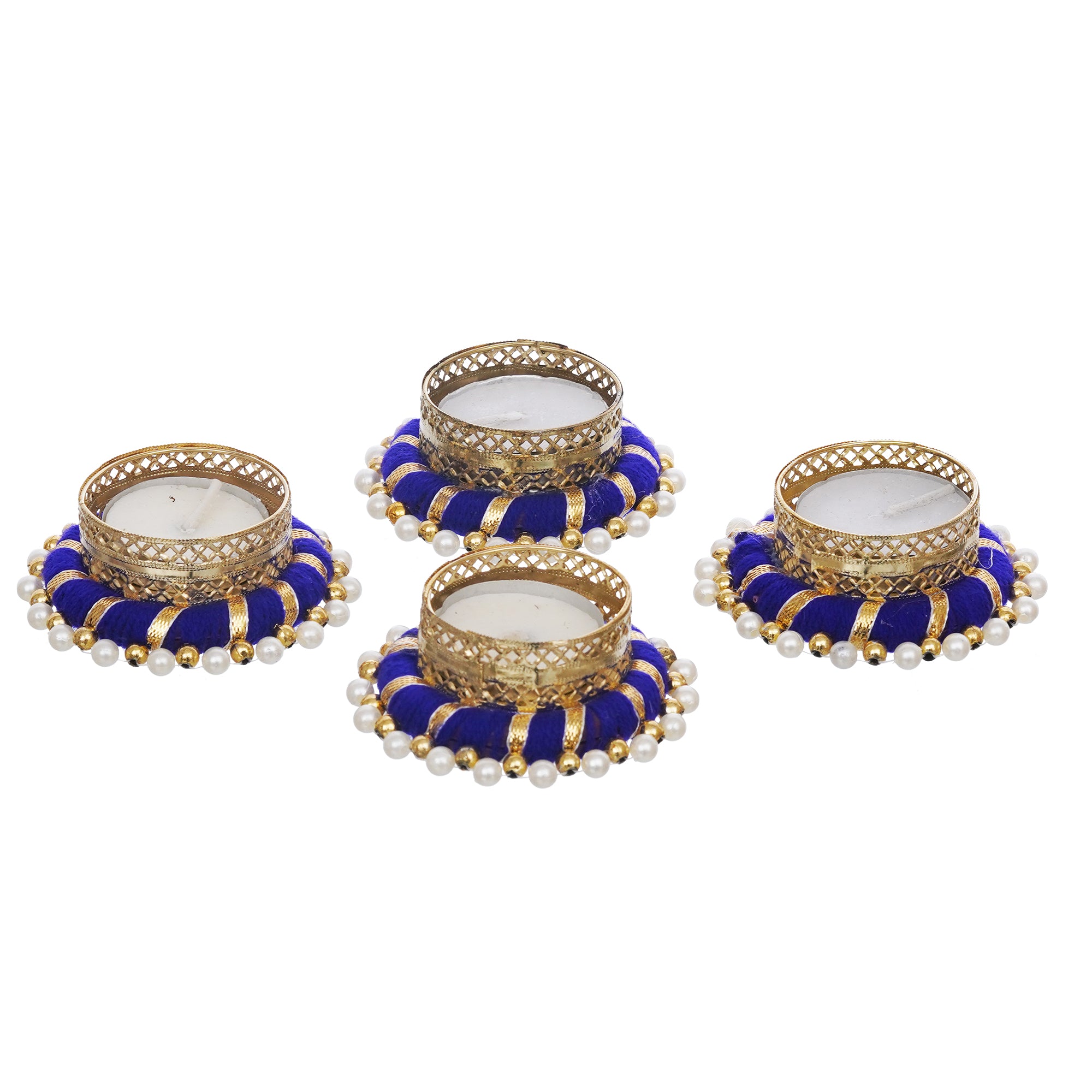 eCraftIndia Set of 4 Golden and Blue Round Shaped Beaded Decorative Tea Light Candle Holders 2